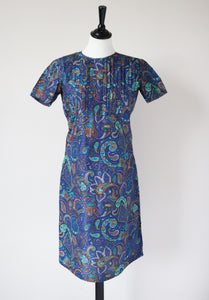 Vintage 1960s Dress - Empire Waist - Blue Paisley - XS / S - UK 8 / 10