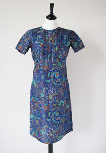 Vintage  1960s Dress - Empire Waist -  Blue Paisley -  XS / S - UK 8 / 10