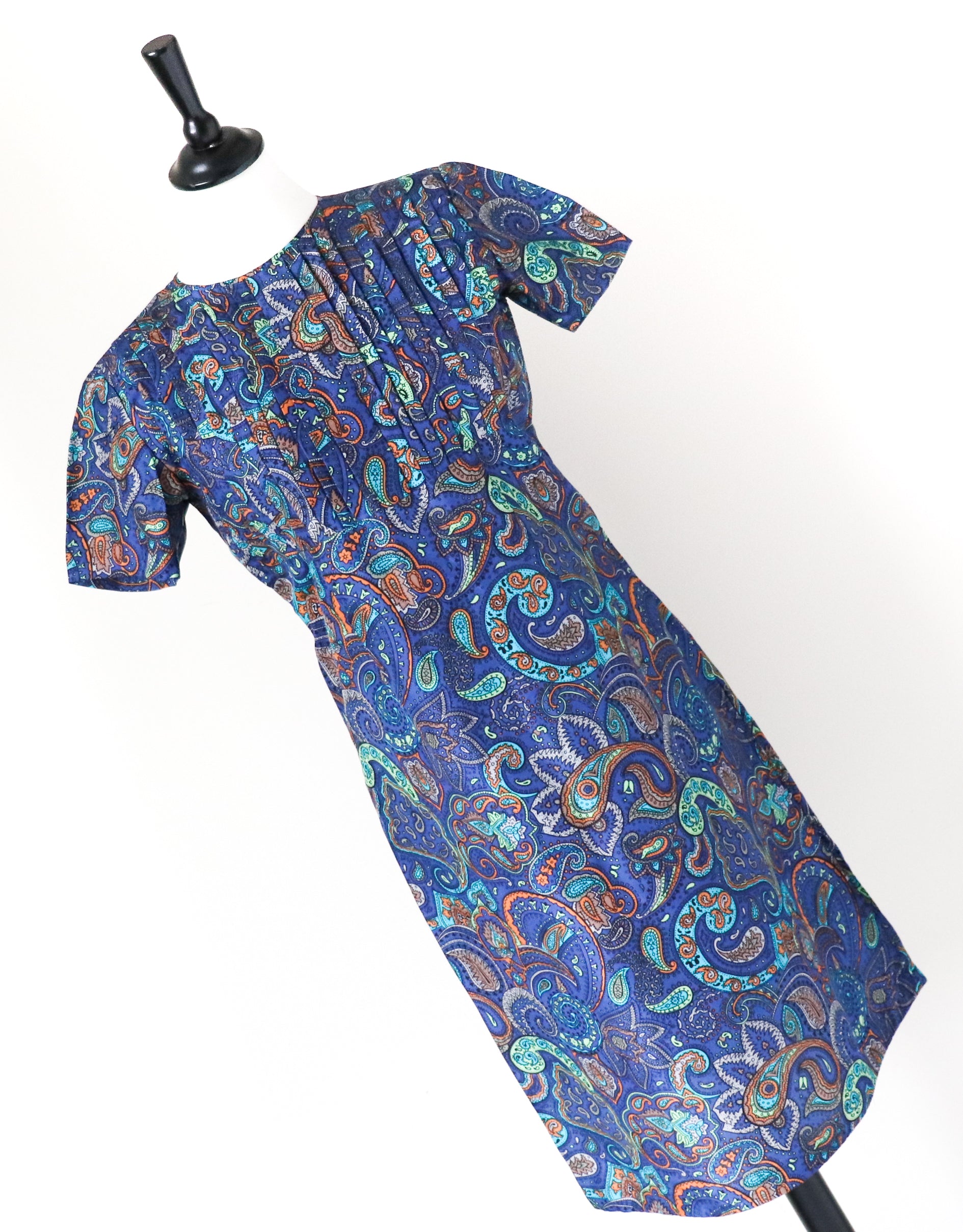 Vintage  1960s Dress - Empire Waist -  Blue Paisley -  XS / S - UK 8 / 10