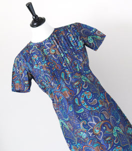Vintage 1960s Dress - Empire Waist - Blue Paisley - XS / S - UK 8 / 10