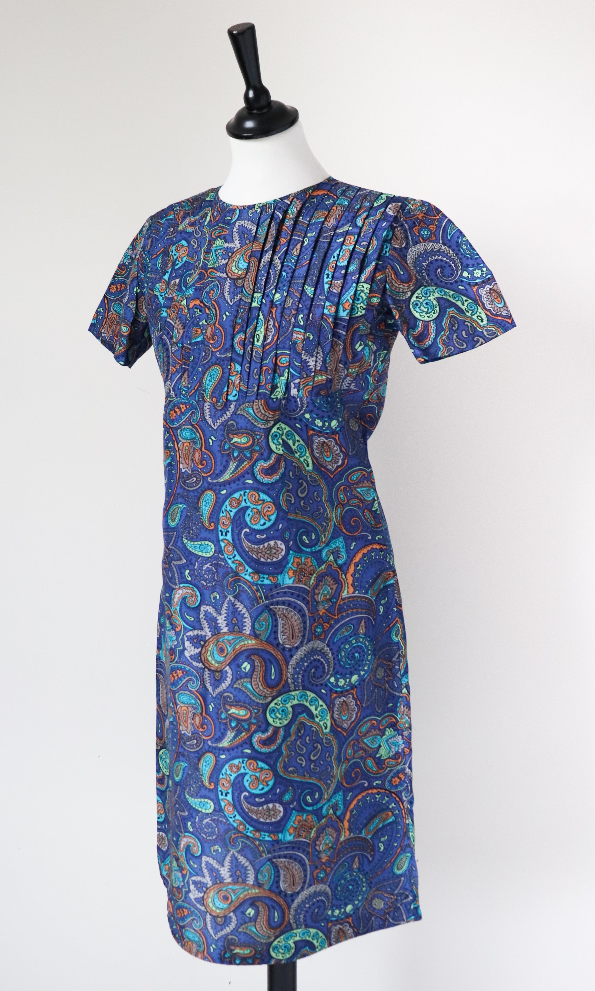 Vintage 1960s Dress - Empire Waist - Blue Paisley - XS / S - UK 8 / 10