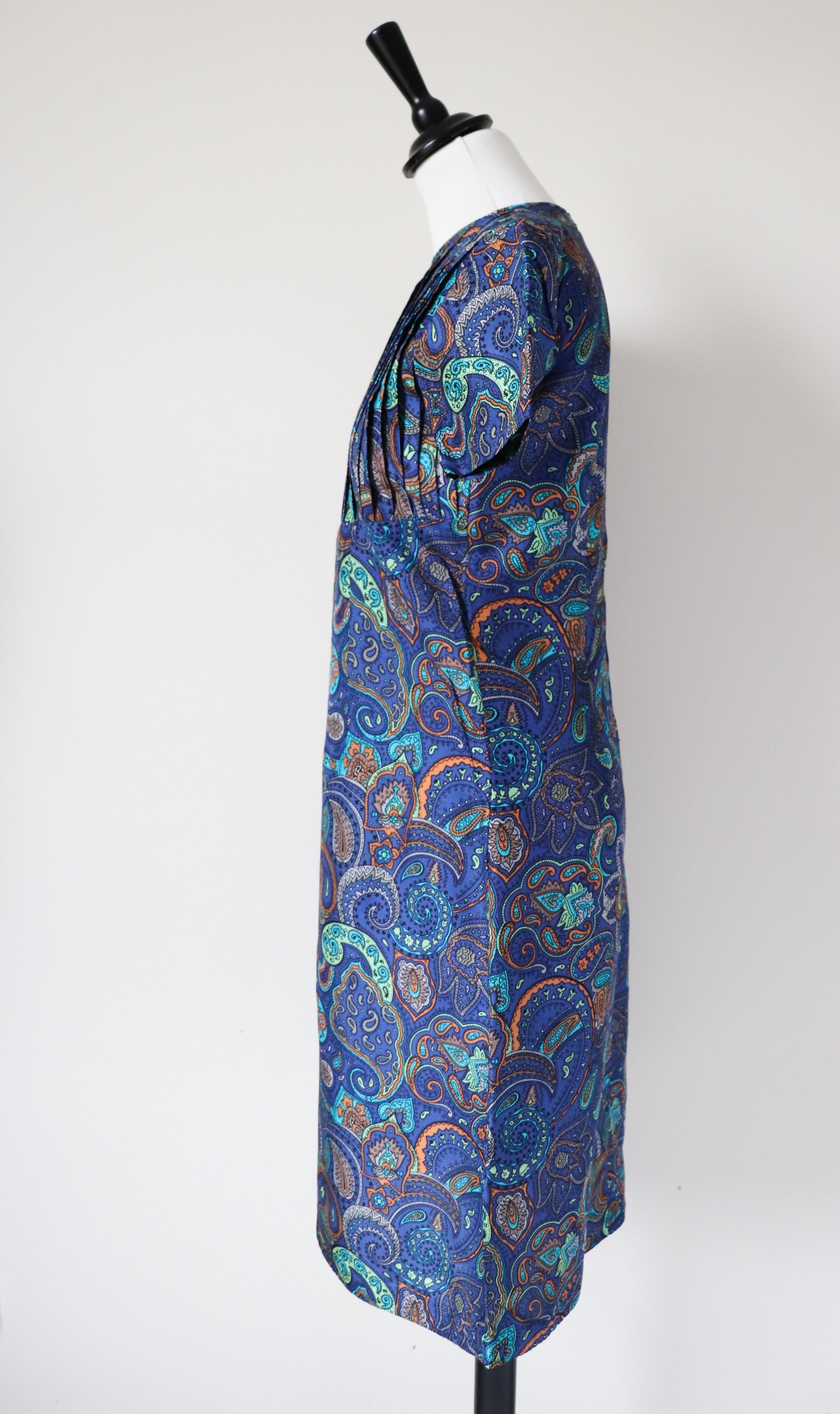 Vintage 1960s Dress - Empire Waist - Blue Paisley - XS / S - UK 8 / 10