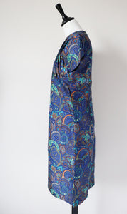 Vintage 1960s Dress - Empire Waist - Blue Paisley - XS / S - UK 8 / 10