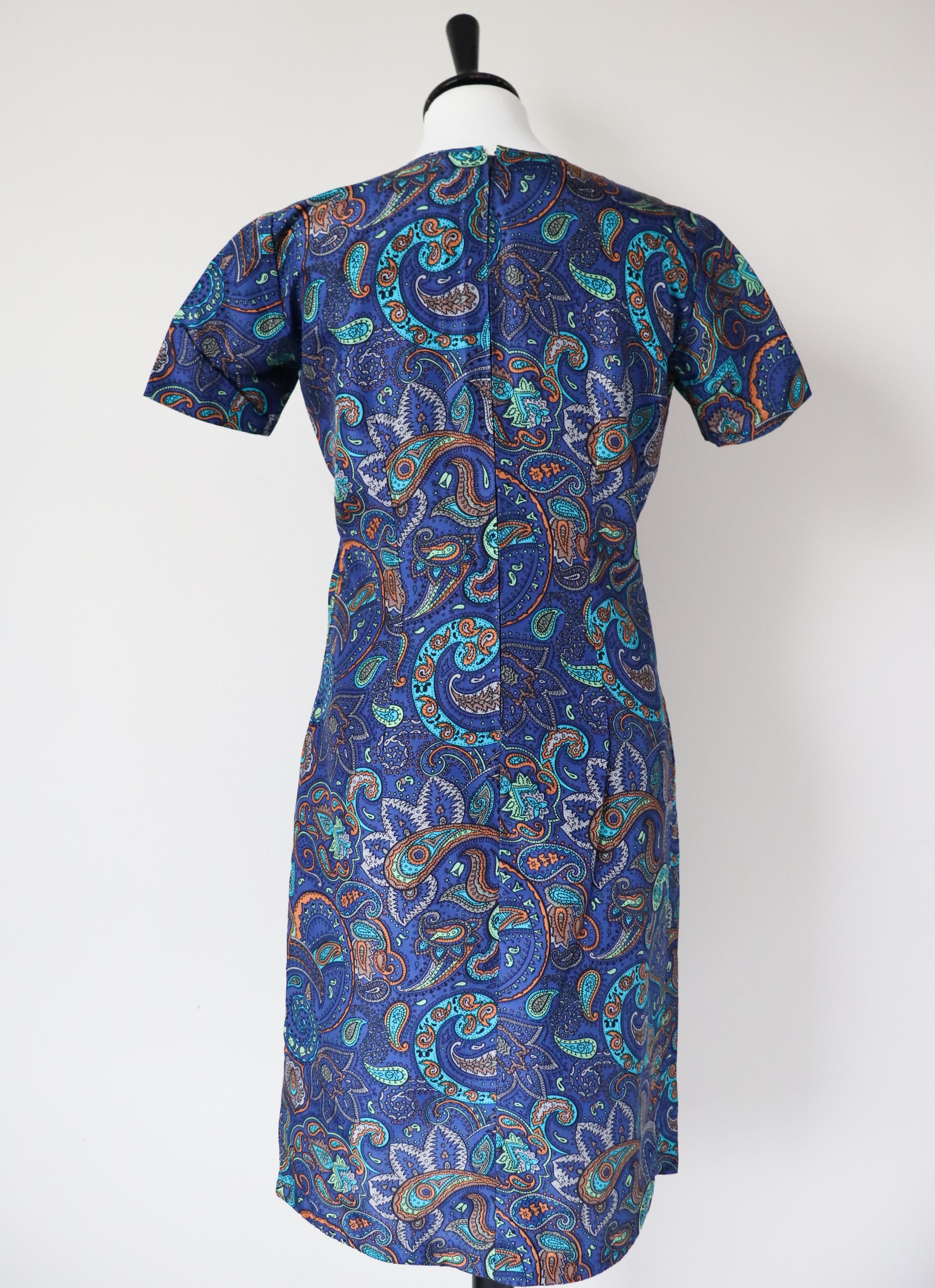 Vintage 1960s Dress - Empire Waist - Blue Paisley - XS / S - UK 8 / 10