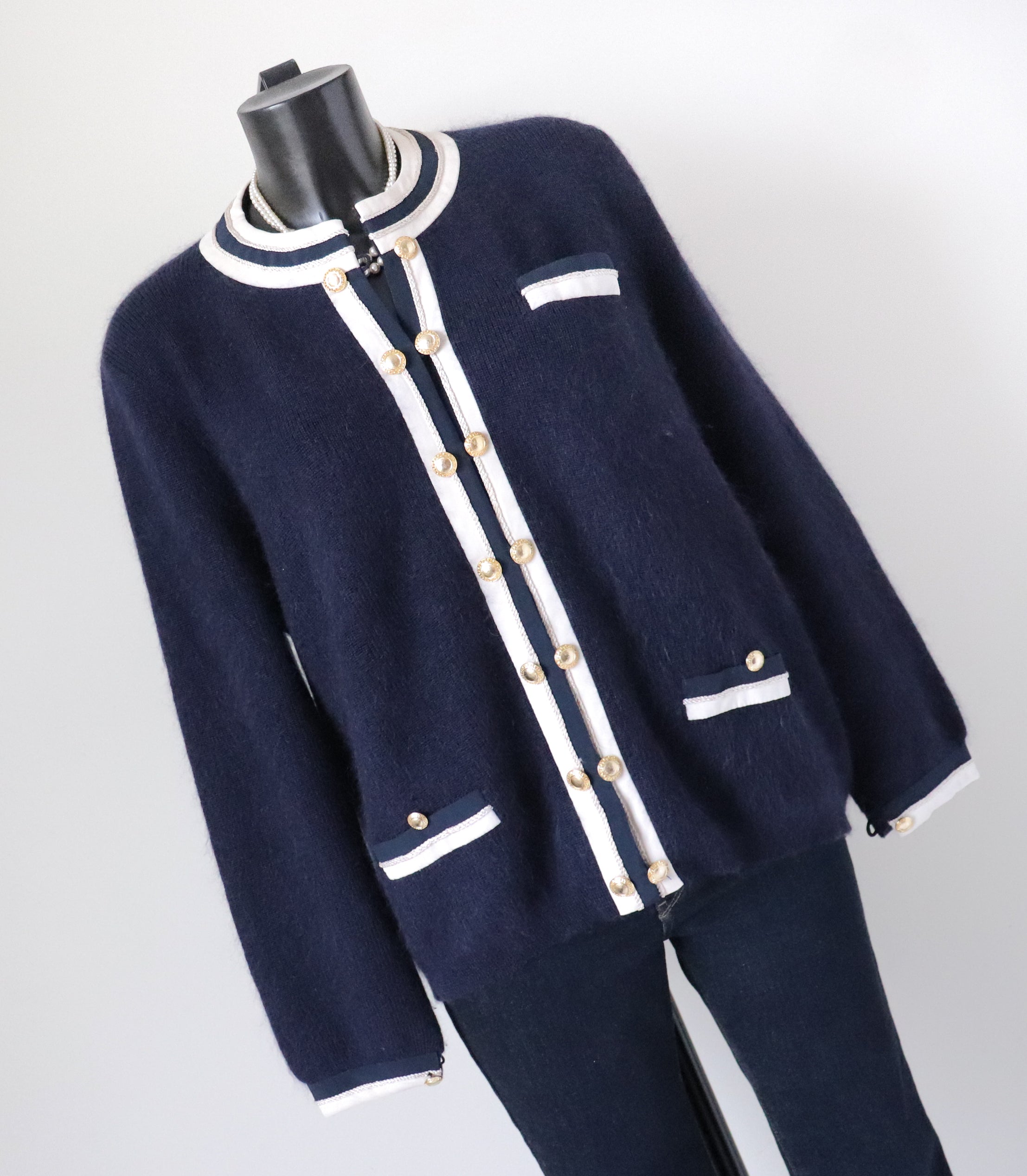 Vintage Wool / Silk Cardigan - Collarless Jacket Style - Blue - L /  UK 14