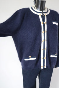 Vintage Wool / Silk Cardigan - Collarless Jacket Style - Blue - L /  UK 14