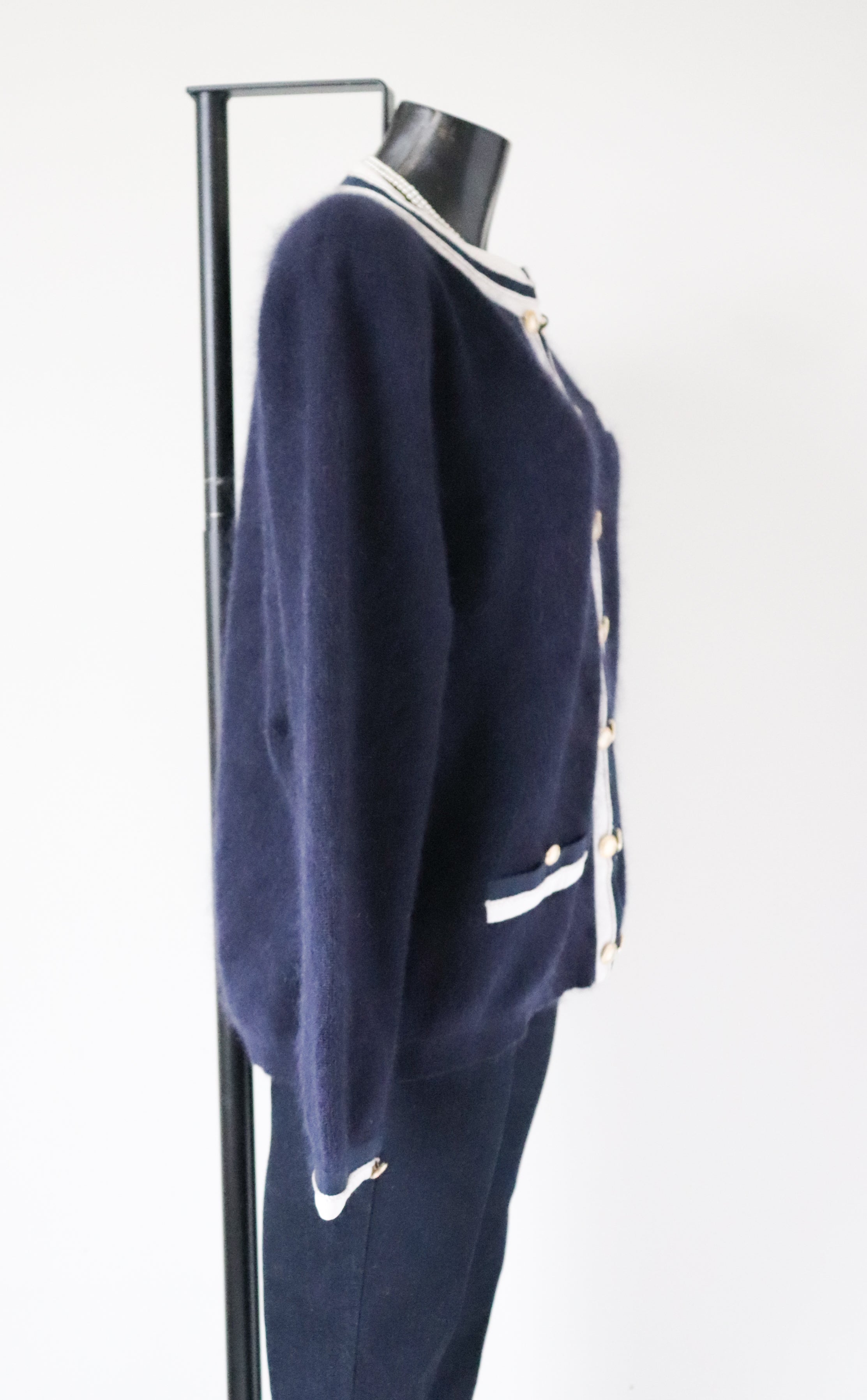 Vintage Wool / Silk Cardigan - Collarless Jacket Style - Blue - L /  UK 14