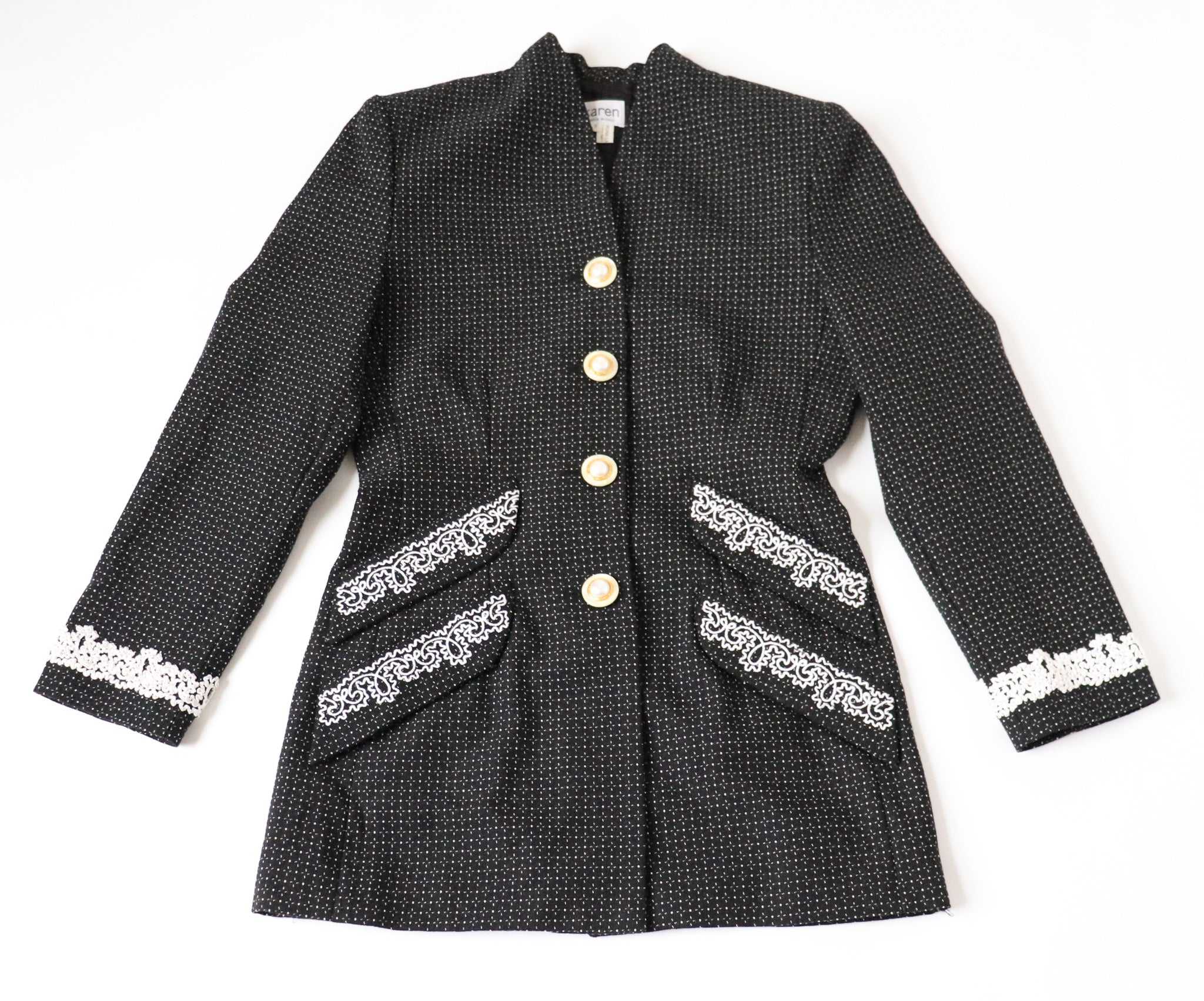 Karen Collarless Suit Jacket - Woven Wool - Black Spotted - XS / S - UK 8 / 10