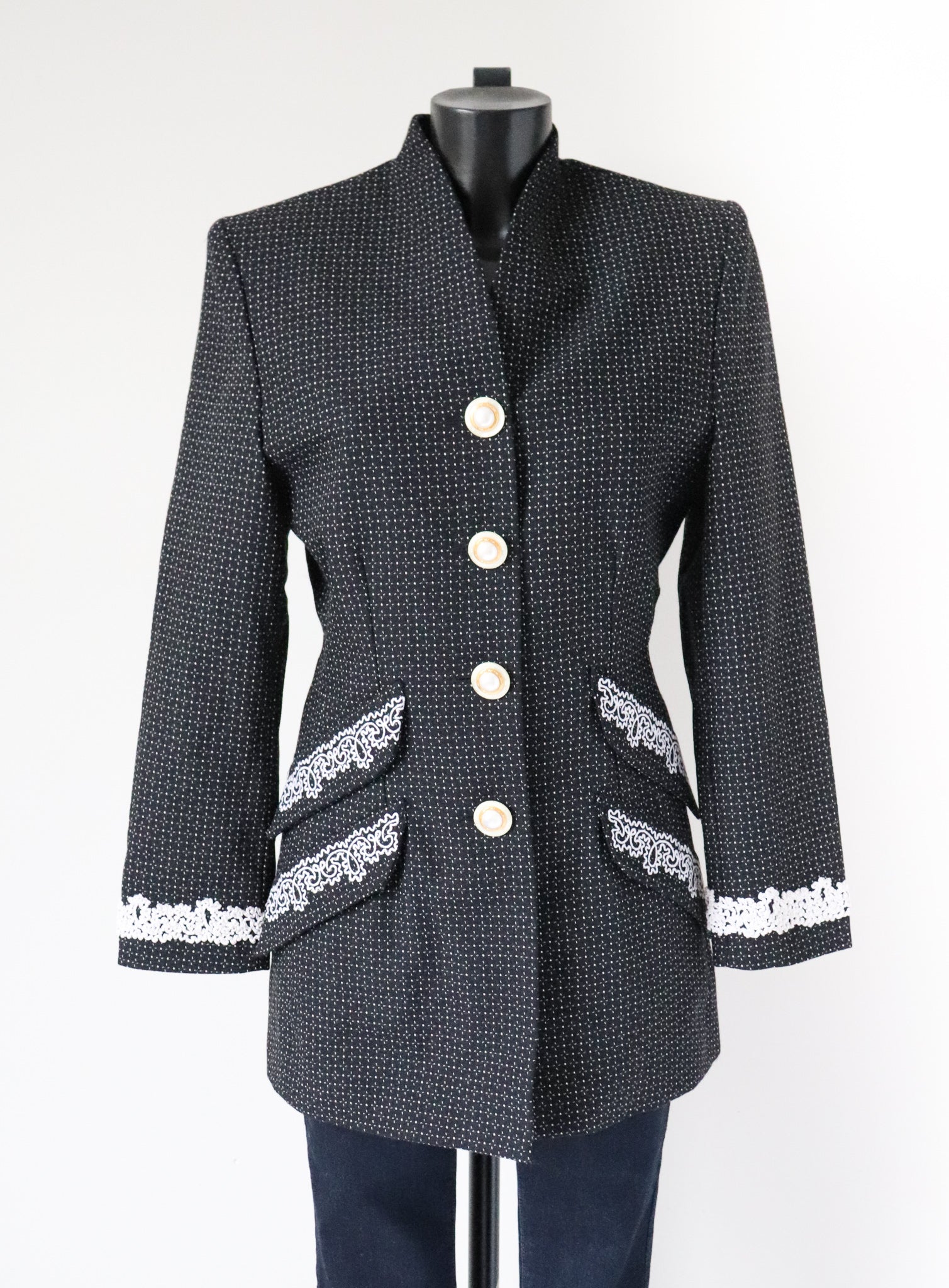 Karen Collarless Suit Jacket - Woven Wool - Black Spotted - XS / S - UK 8 / 10