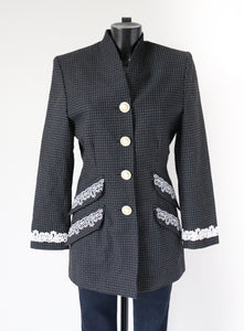Karen Collarless Suit Jacket - Woven Wool - Black Spotted - XS / S - UK 8 / 10