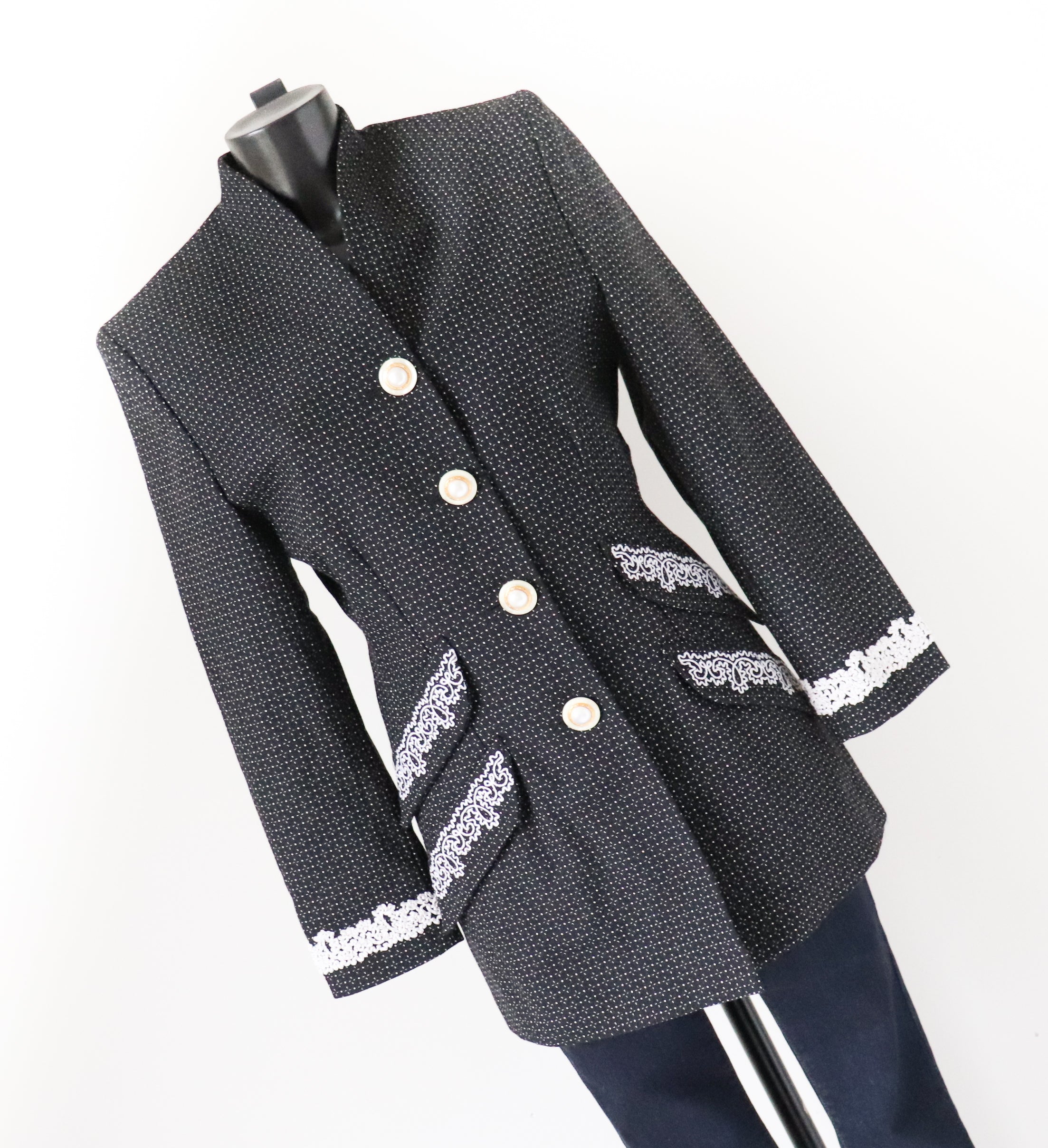Karen Collarless Suit Jacket - Woven Wool - Black Spotted - XS / S - UK 8 / 10