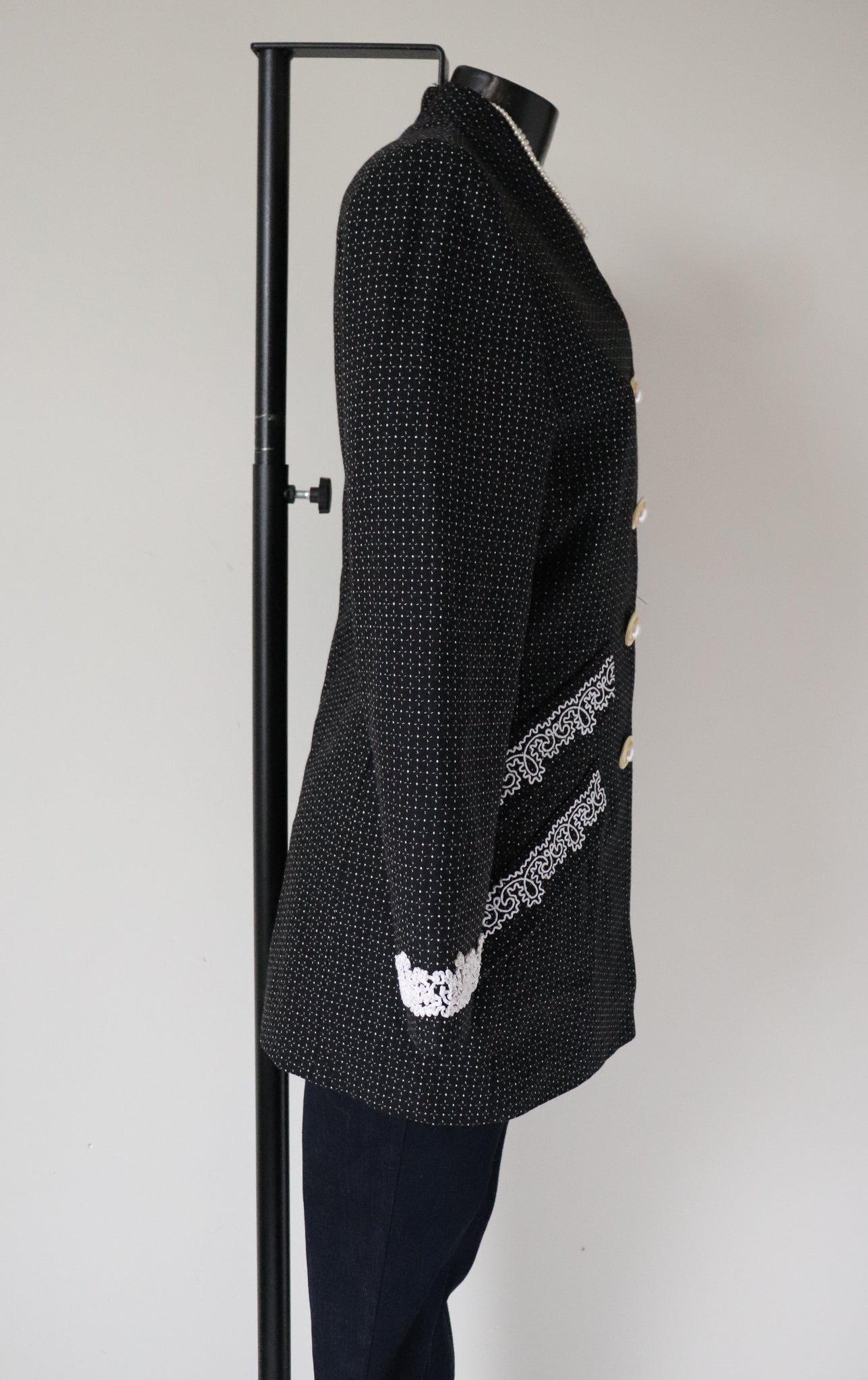 Karen Collarless Suit Jacket - Woven Wool - Black Spotted - XS / S - UK 8 / 10