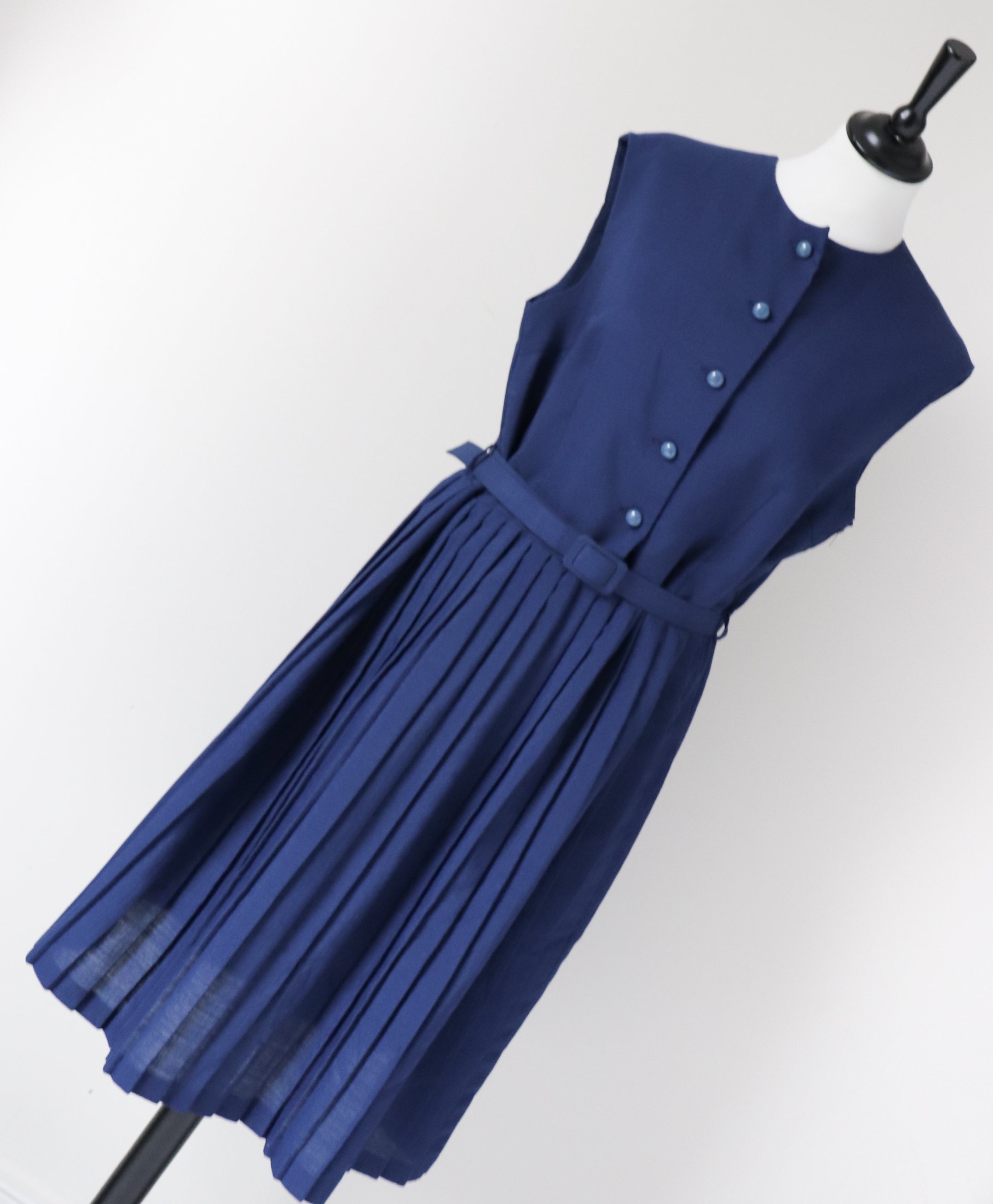 Vintage 1960s Shirt Waister Tea Dress - Sleeveless - Blue - M / UK 12