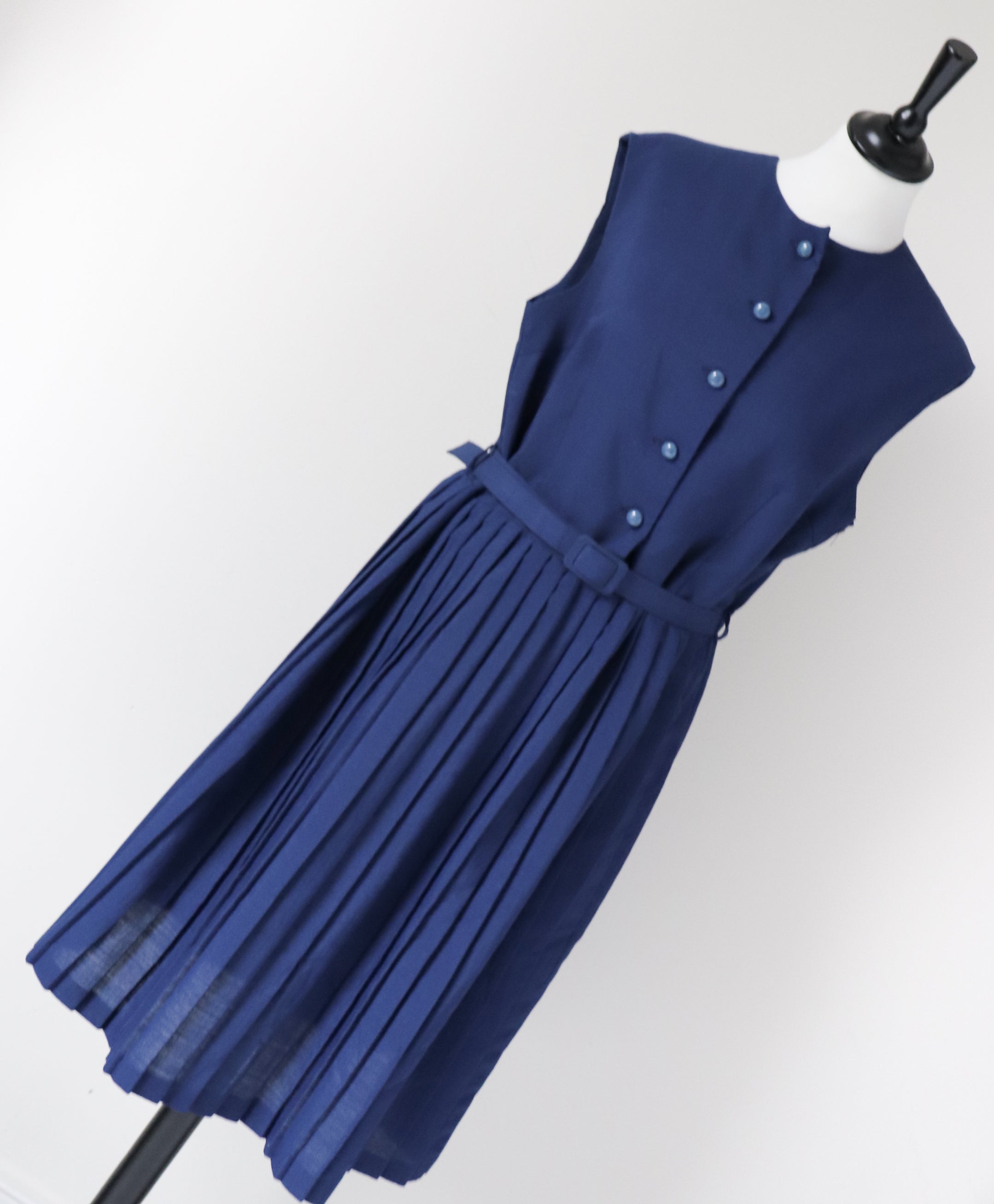 Vintage  1960s Shirt Waister Tea Dress - Sleeveless -  Blue - M / UK 12