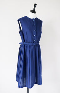 Vintage 1960s Shirt Waister Tea Dress - Sleeveless - Blue - M / UK 12