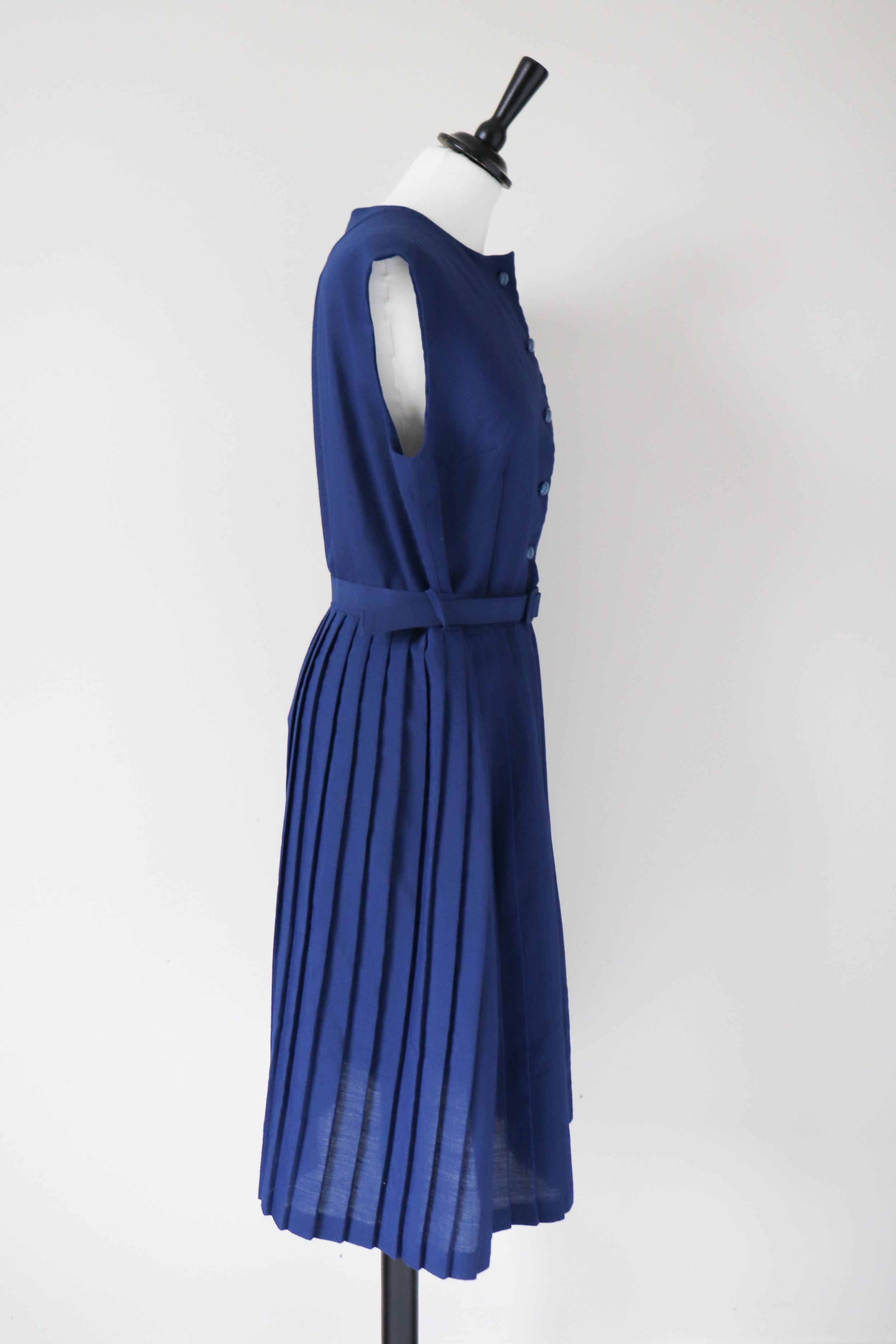 Vintage 1960s Shirt Waister Tea Dress - Sleeveless - Blue - M / UK 12