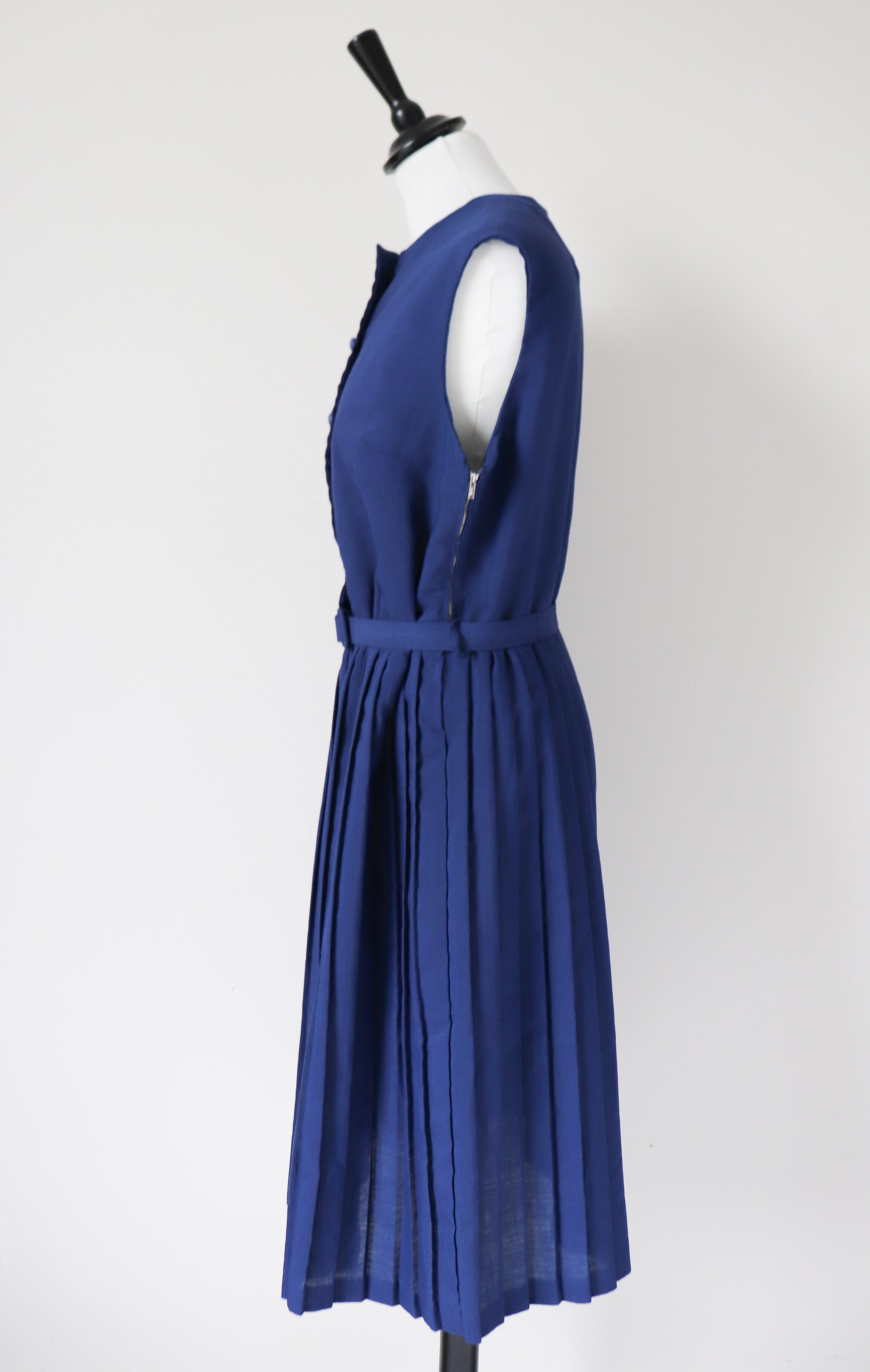 Vintage 1960s Shirt Waister Tea Dress - Sleeveless - Blue - M / UK 12