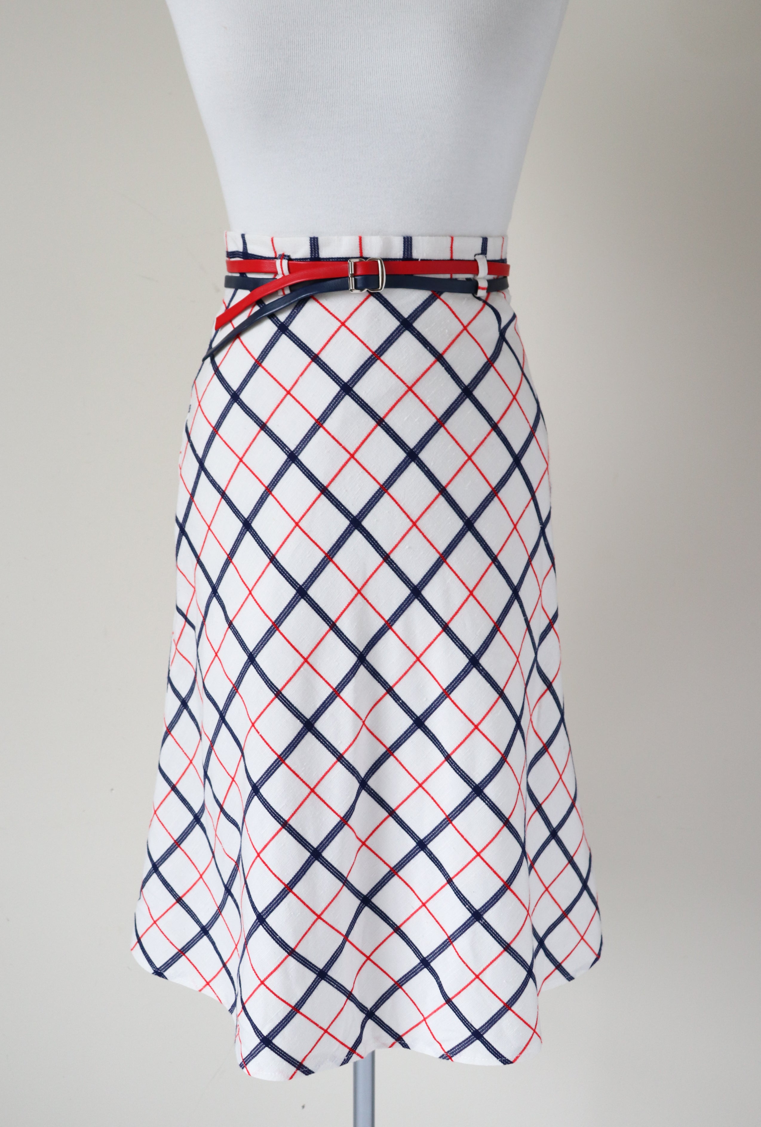 Vintage A-Line Skirt - Red / Blue / Ivory Check - XXXS -  UK 4 / 6