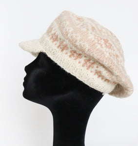 Vintage Hand Knitted Wool Baker Boy Cap / Hat / Beret - Fair Isle - Beige / Cream - Large