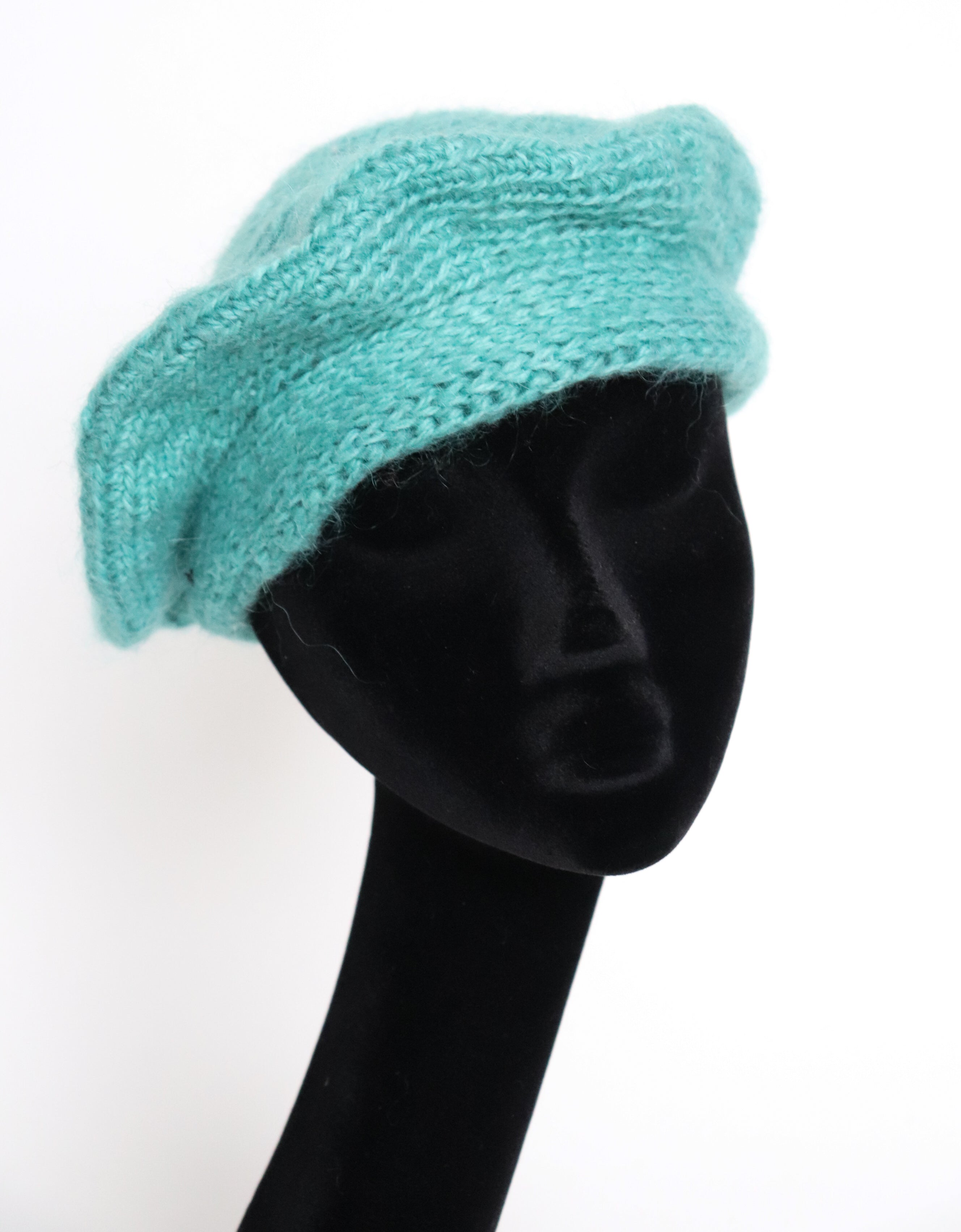 Vintage Wool Hand Knitted Beret - Aqua Green - Medium
