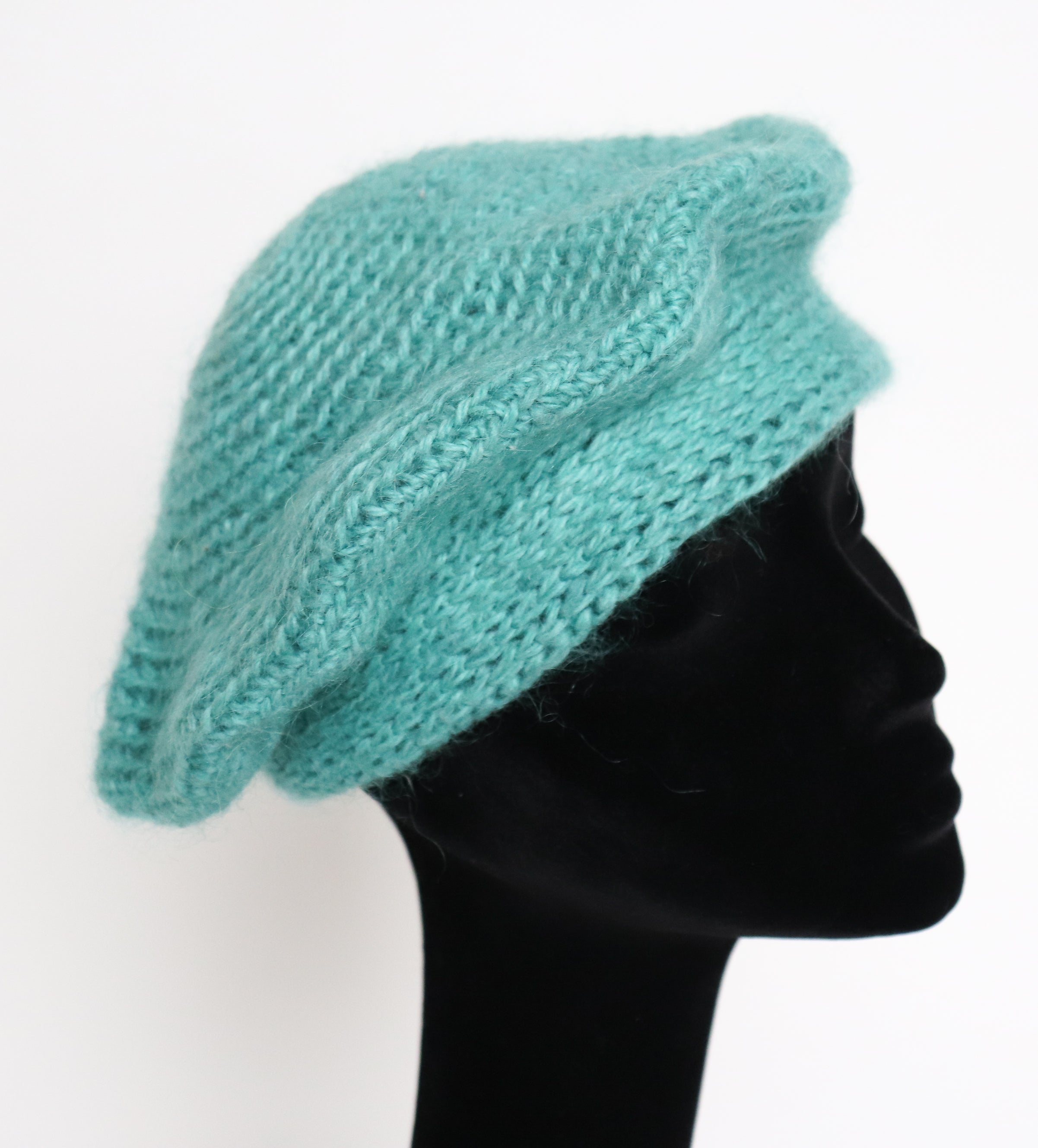 Vintage Wool Hand Knitted Beret - Aqua Green - Medium