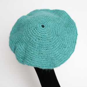 Vintage Wool Hand Knitted Beret - Aqua Green - Medium