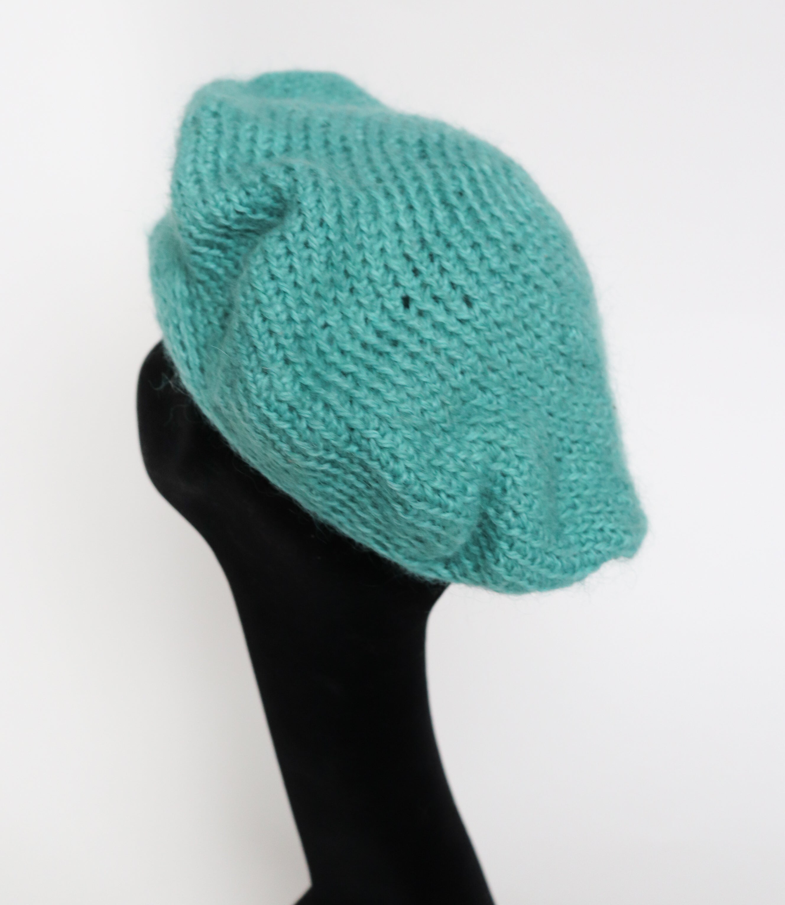 Vintage Wool Hand Knitted Beret - Aqua Green - Medium