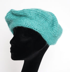 Vintage Wool Hand Knitted Beret - Aqua Green - Medium