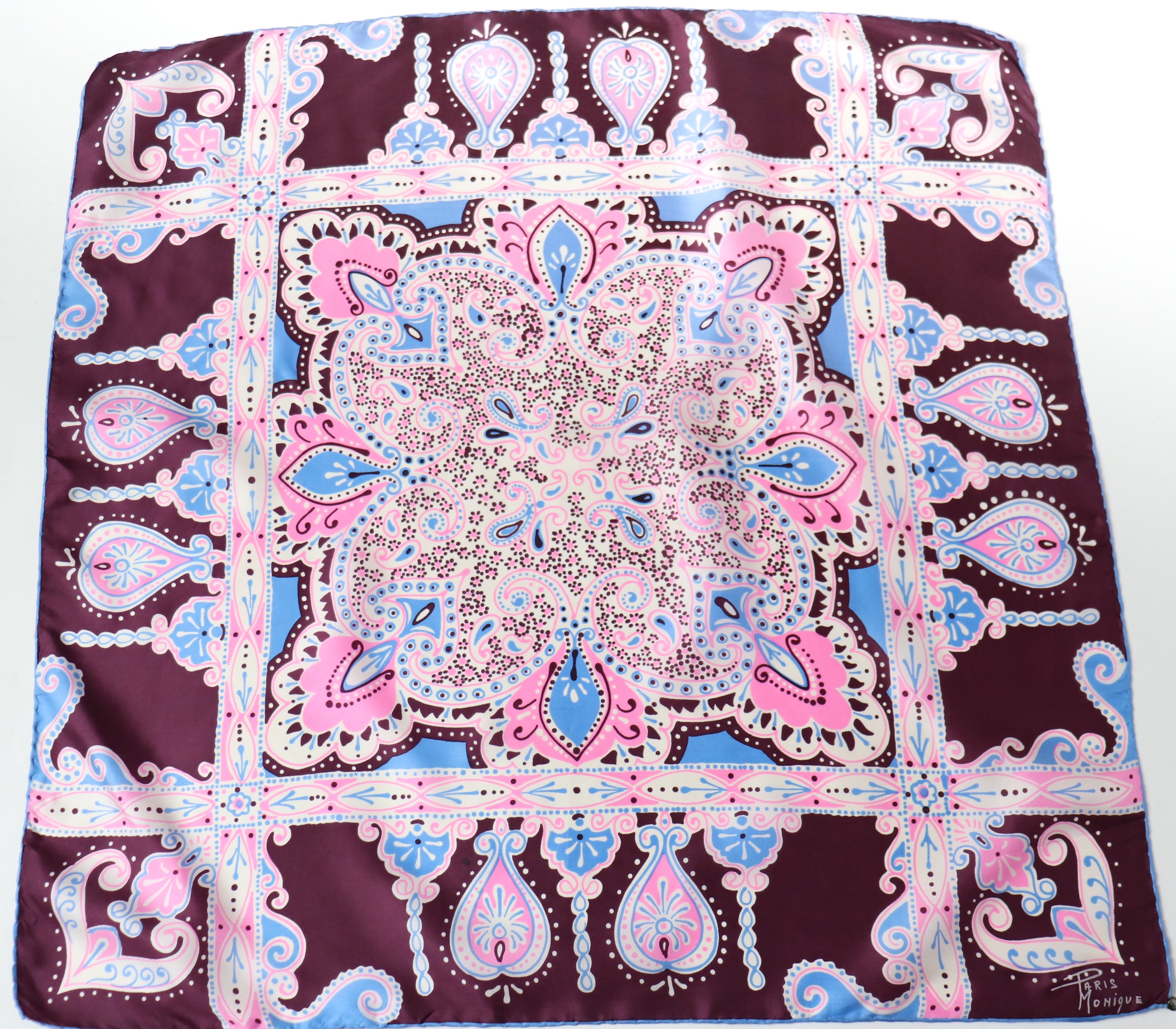 Paris Monique Paisley Silk Scarf - Pink / Blue / Aubergine Brown