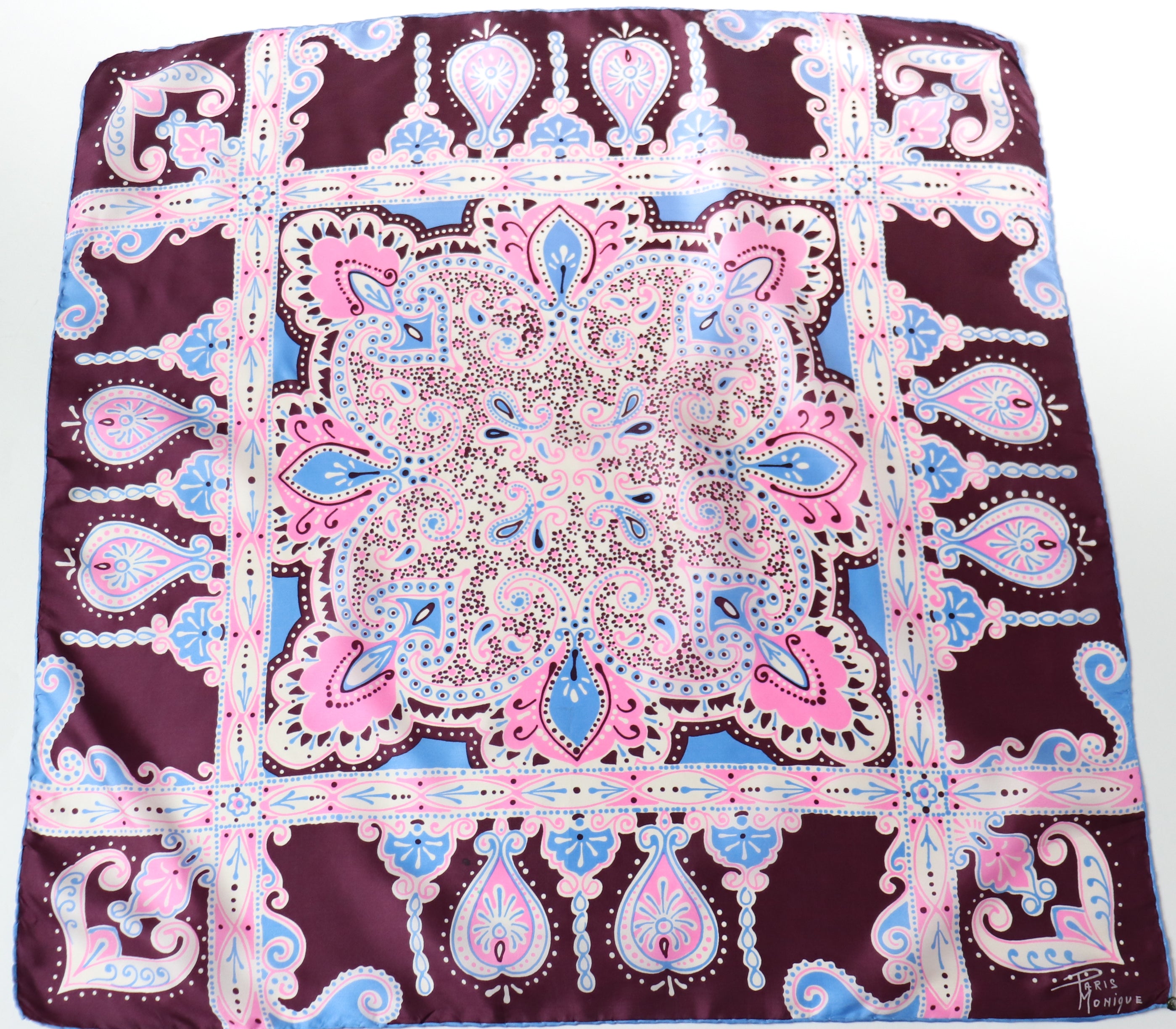 Paris Monique Paisley  Silk Scarf  -Pink / Blue / Aubergine Brown