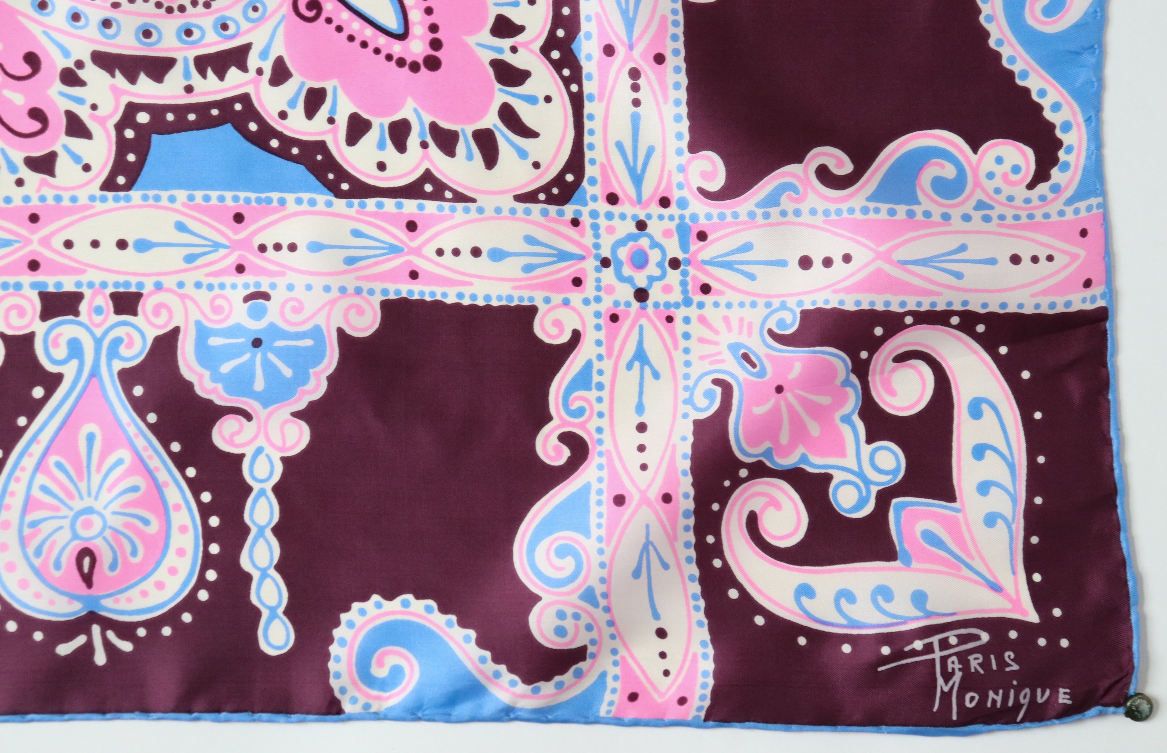 Paris Monique Paisley  Silk Scarf  -Pink / Blue / Aubergine Brown