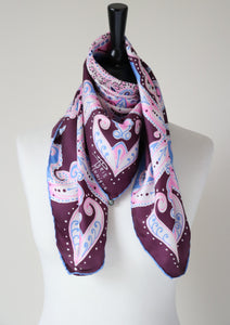 Paris Monique Paisley  Silk Scarf  -Pink / Blue / Aubergine Brown