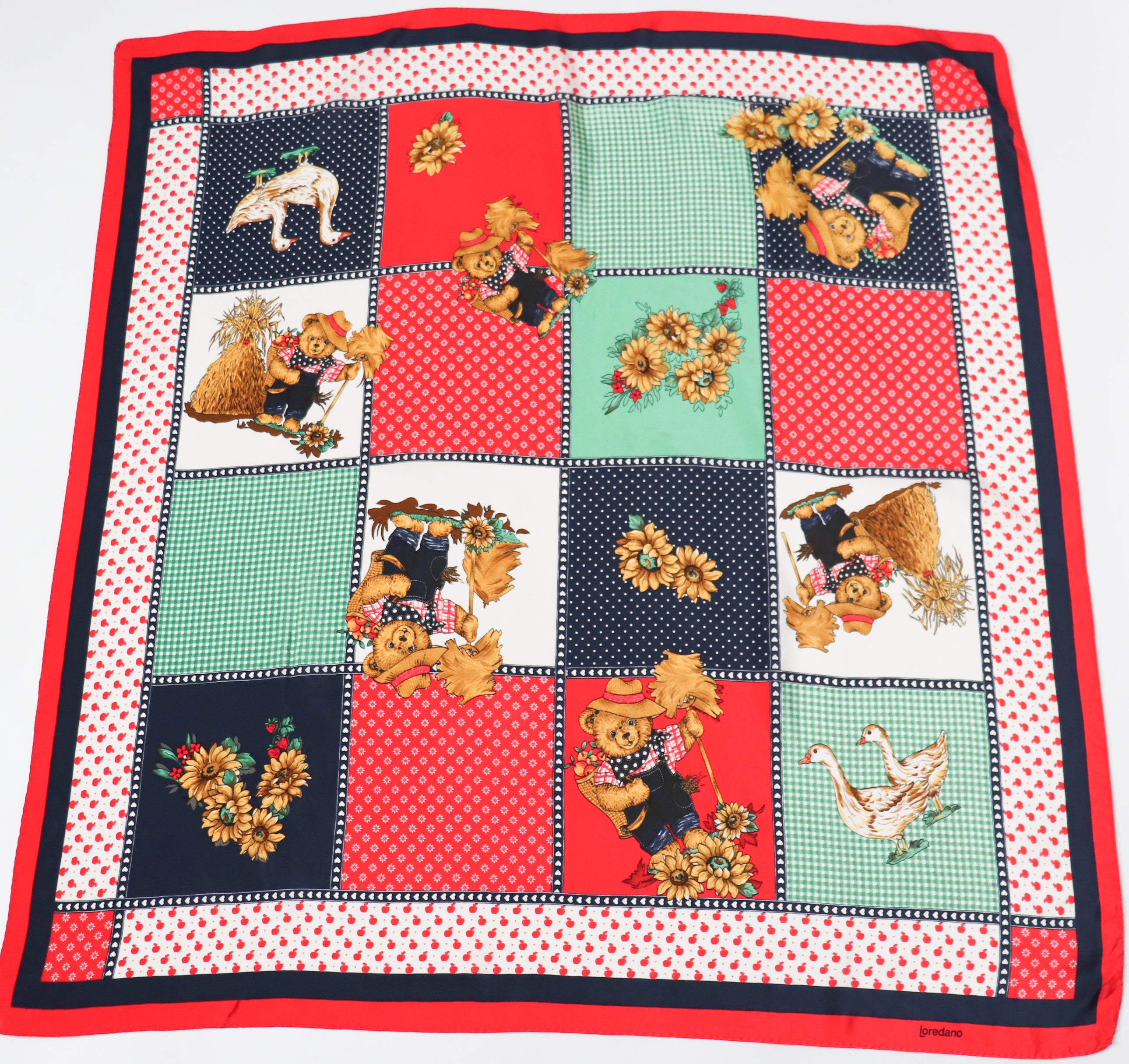 Loredano Teddy Bears Silk Scarf  - Red / Blue / Green - Check / Spotted  Print - Large