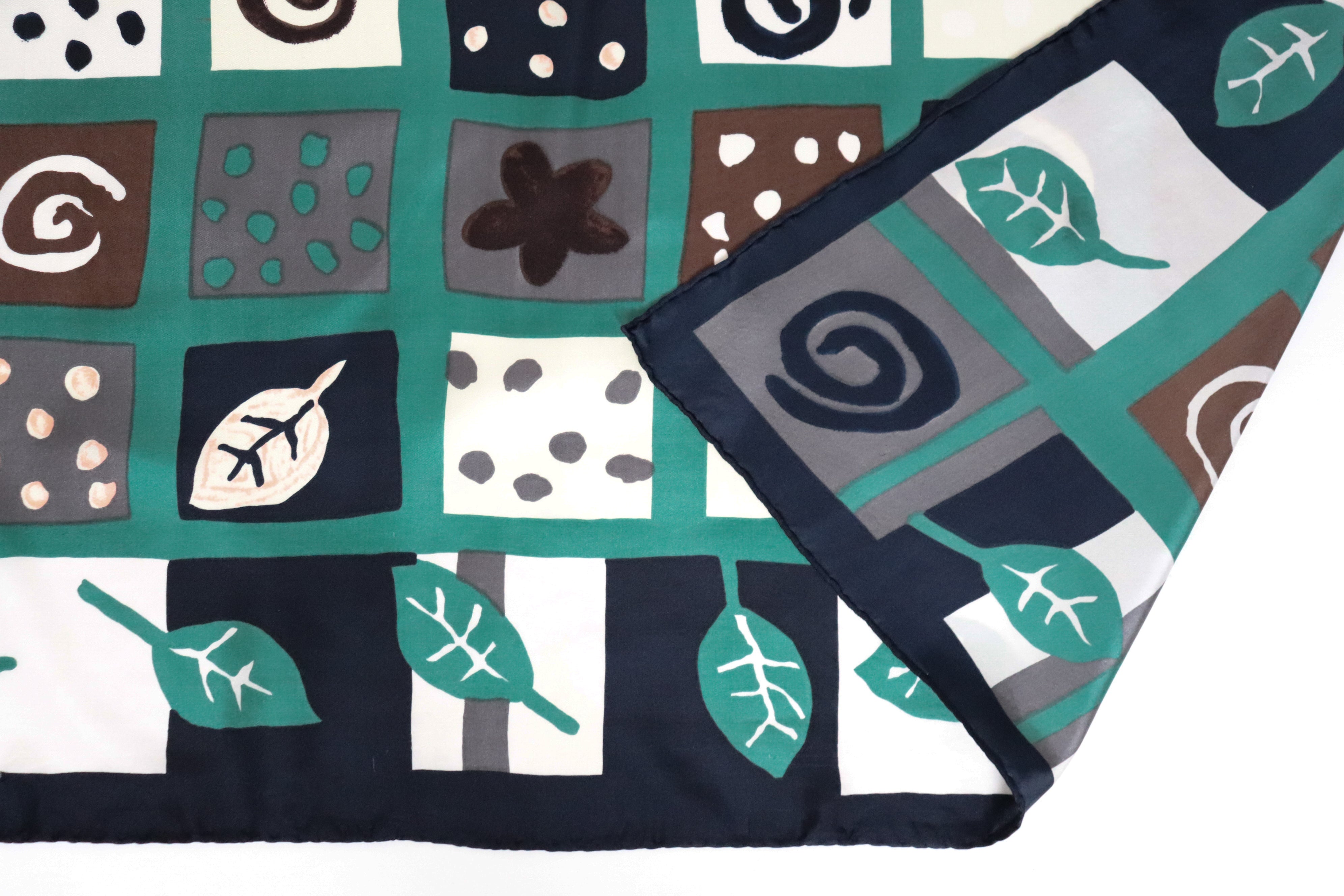 Vintage 1980s Leaf Motif Silk Scarf - Green / Brown - LARGE