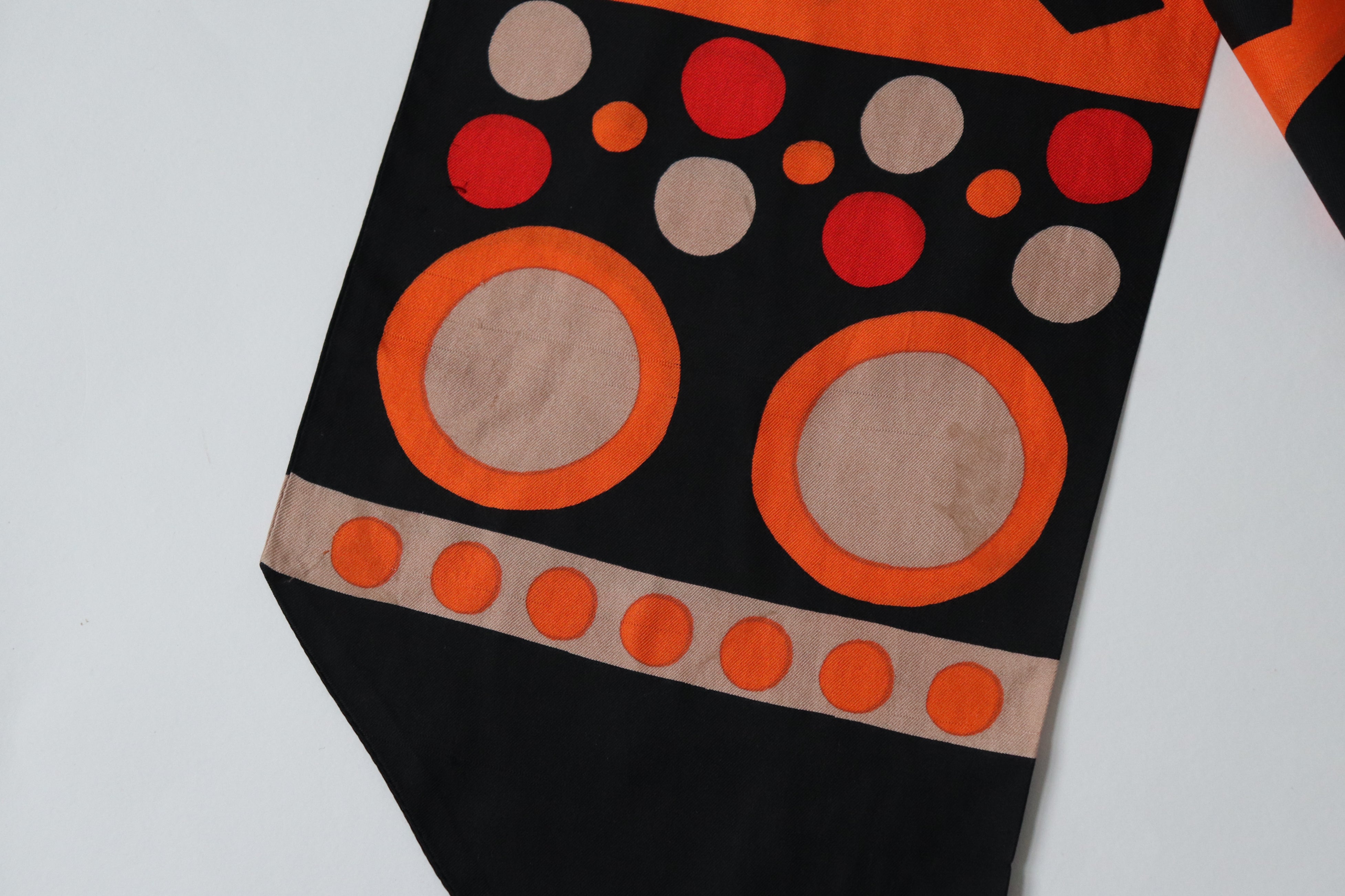 Francoise Guerin Silk Scarf  - 1970s Vintage - Orange / Brown  Op-Art Print - Long