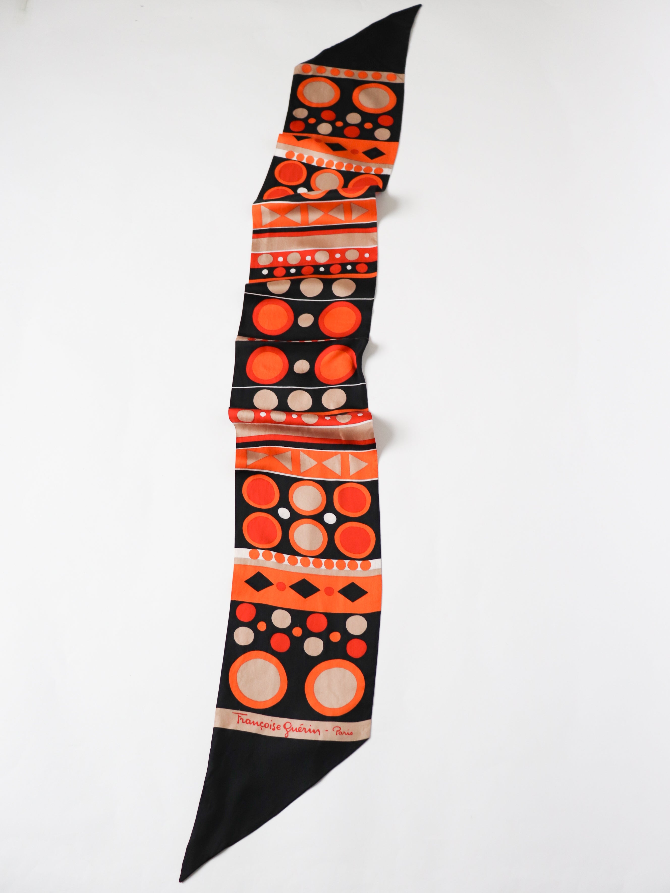 Francoise Guerin Silk Scarf  - 1970s Vintage - Orange / Brown  Op-Art Print - Long
