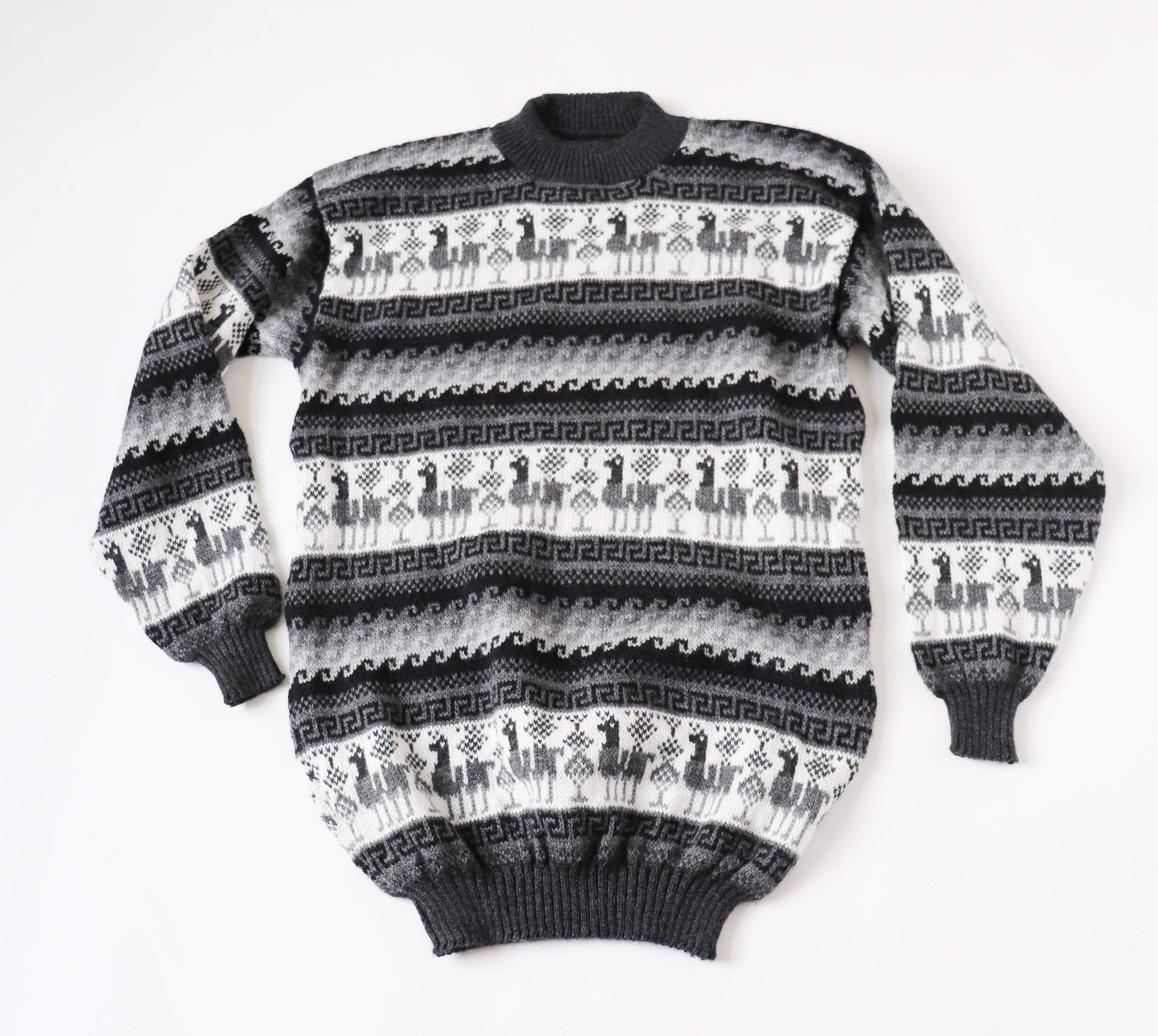 Fair Isle Long Jumper / Dress - ALPACA - Long Sleeves - Grey / Black - L - UK 14