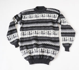 Fair Isle Long Jumper / Dress - ALPACA - Long Sleeves - Grey / Black - L - UK 14