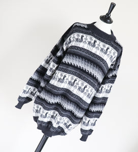 Fair Isle Long Jumper / Dress - ALPACA - Long Sleeves - Grey / Black - L - UK 14