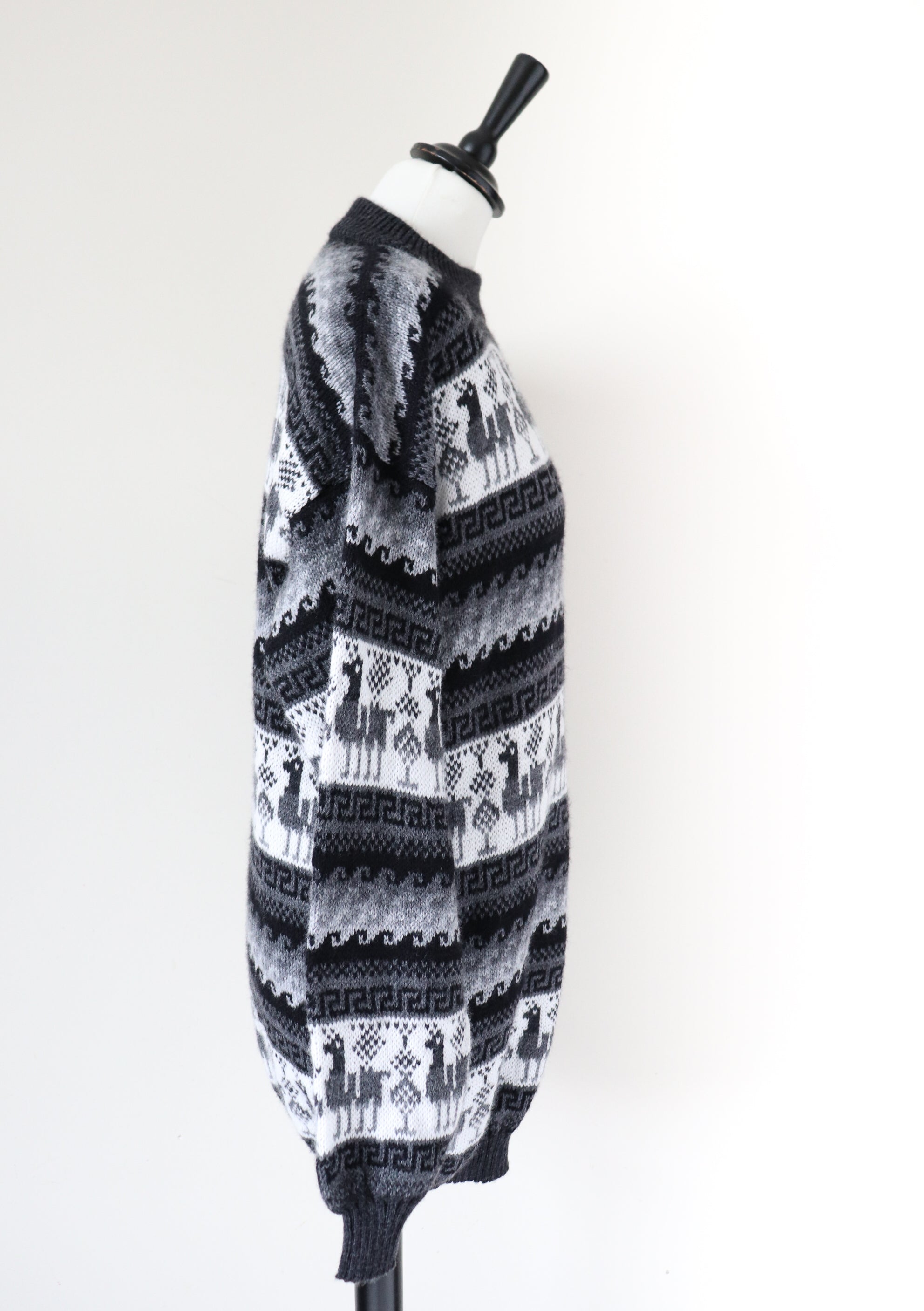 Fair Isle Long Jumper / Dress - ALPACA - Long Sleeves - Grey / Black - L - UK 14