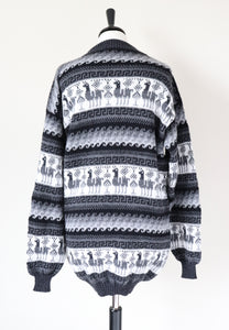 Fair Isle Long Jumper / Dress - ALPACA - Long Sleeves - Grey / Black - L - UK 14