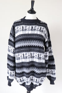 Fair Isle Long Jumper / Dress - ALPACA - Long Sleeves - Grey / Black - L - UK 14