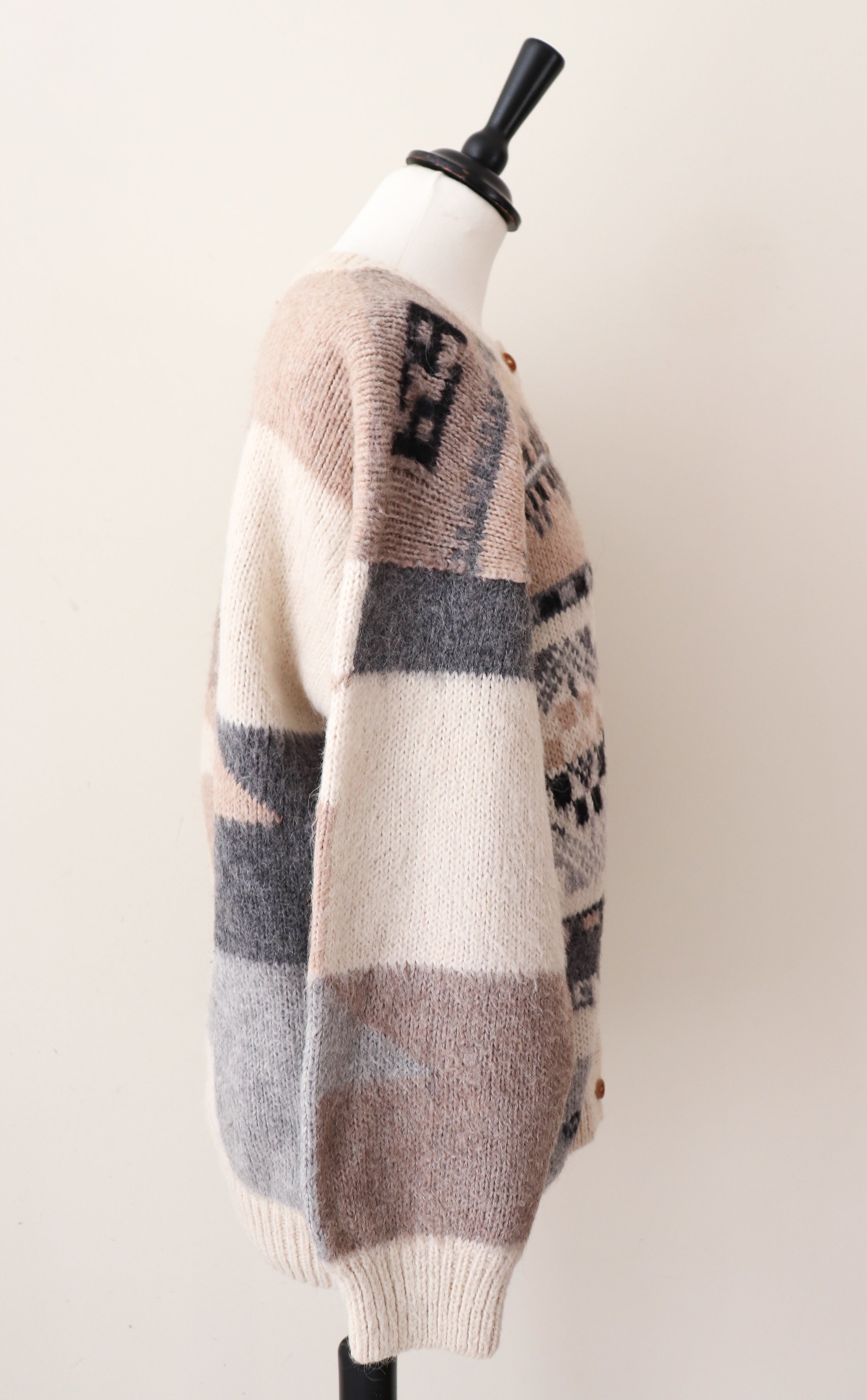 Vintage Peruvian Patterned Cardigan - Cream Wool Blend - Hand Knit - M / UK 12