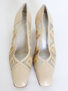 Vintage 80s Leather / Mesh Cream Heel Pumps -  39 / UK 6 (Narrow)