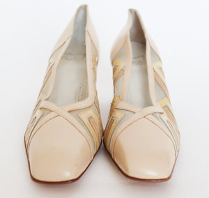 Vintage 80s Leather / Mesh Cream Heel Pumps - 39 / UK 6 (Narrow)