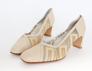 Vintage 80s Leather / Mesh Cream Heel Pumps -  39 / UK 6 (Narrow)