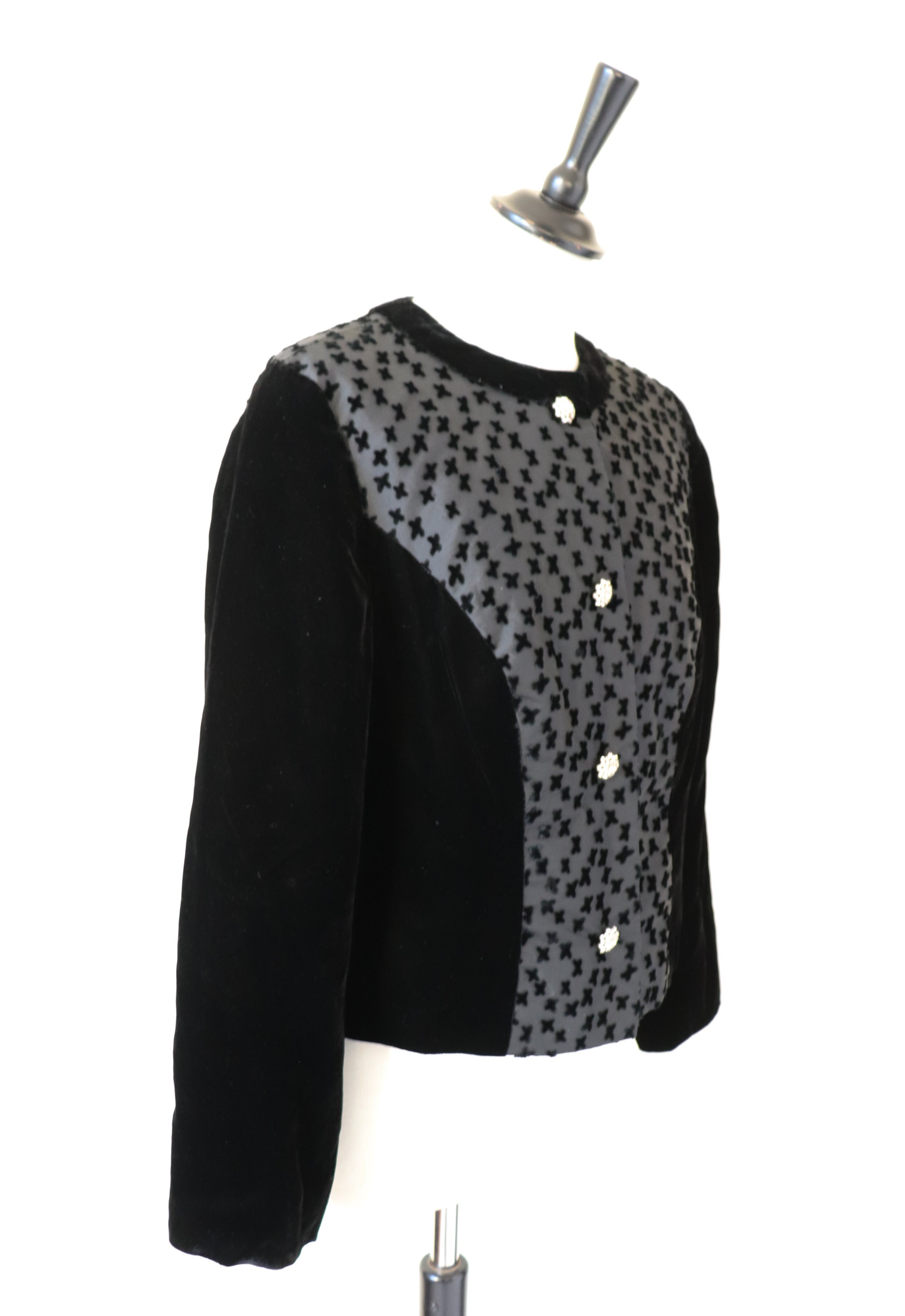 Black Velvet Collarless Evening Jacket  - Vintage - S / M - UK 10 / 12