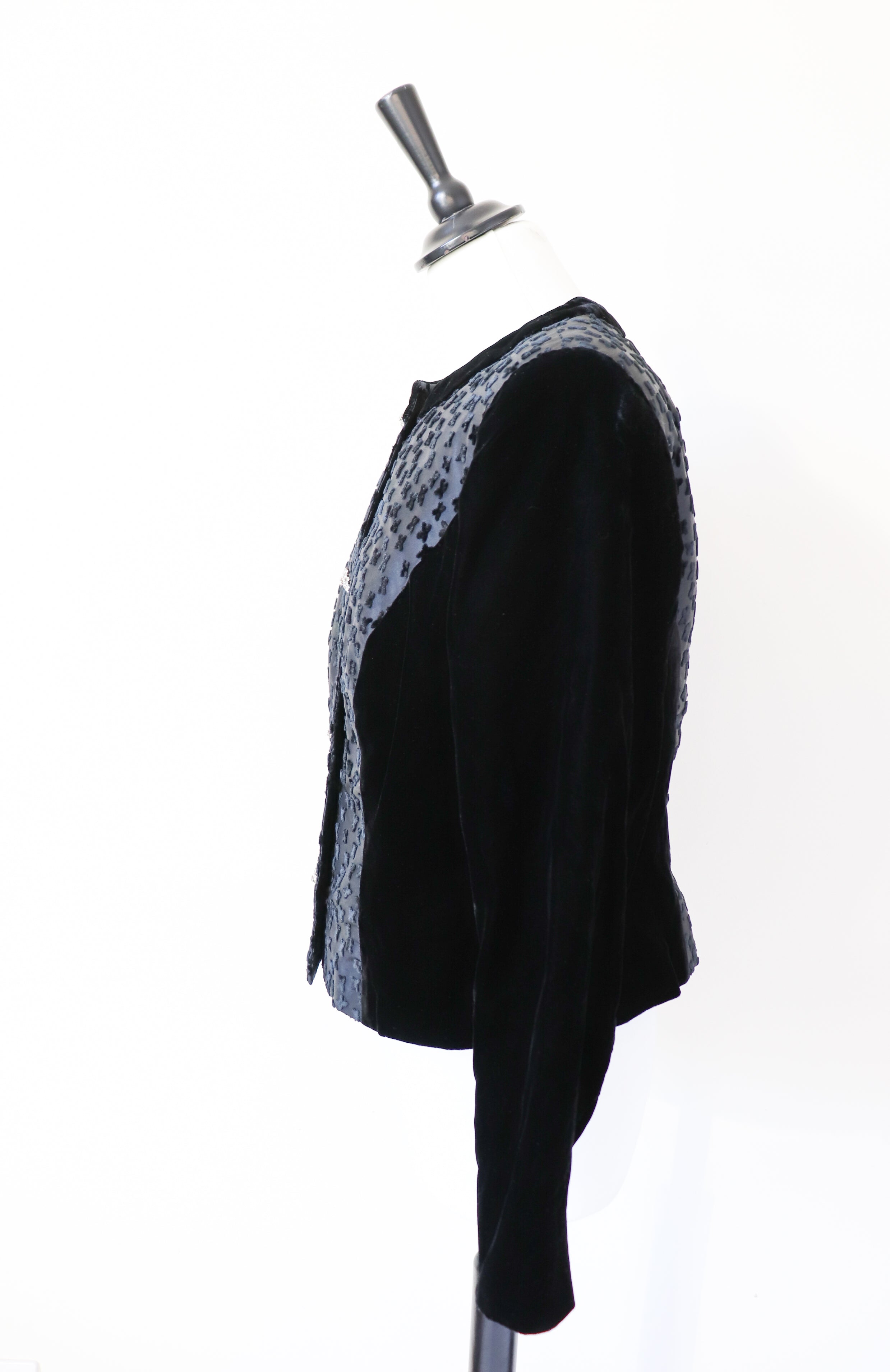 Black Velvet Collarless Evening Jacket  - Vintage - S / M - UK 10 / 12