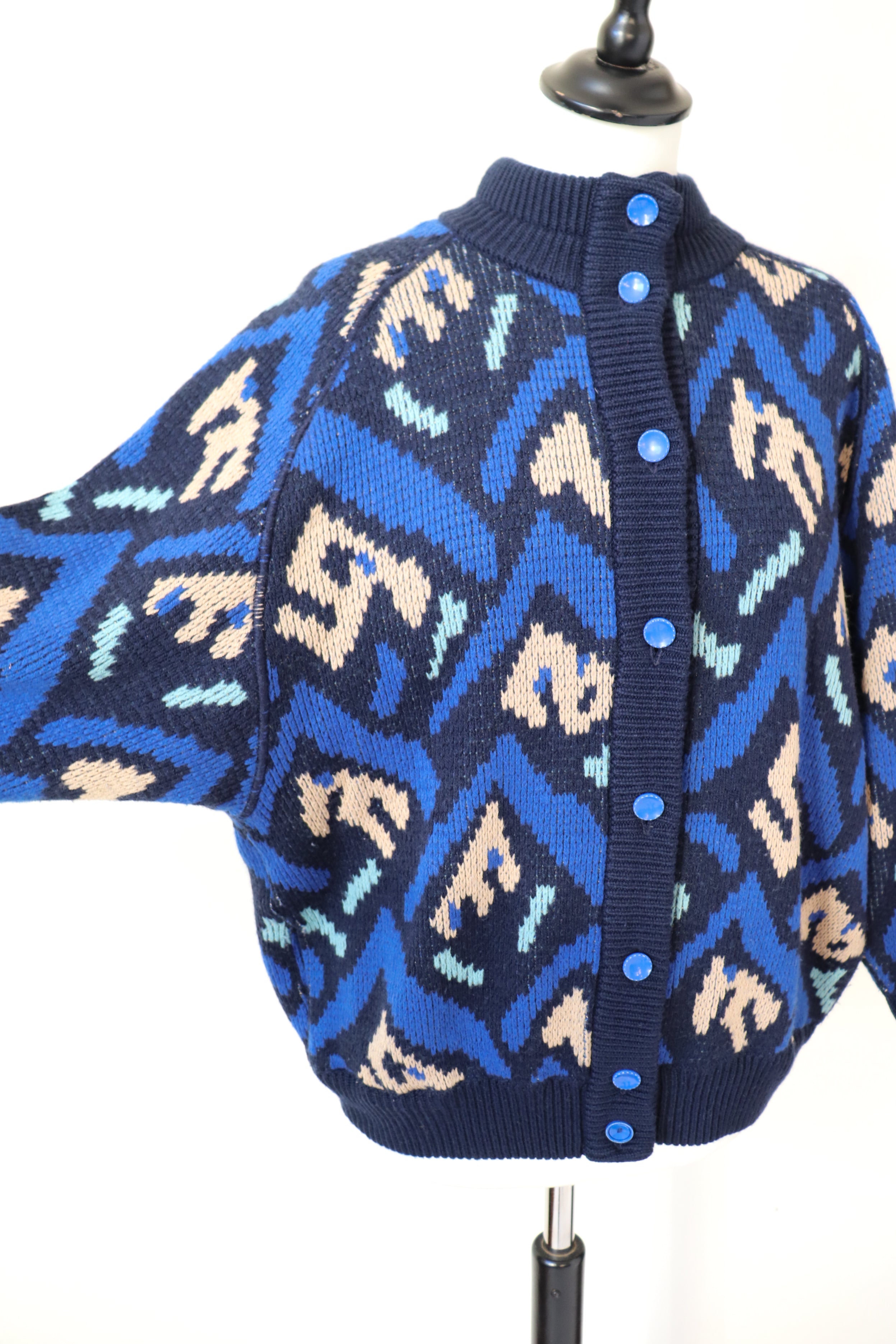 Vintage Cardigan / Bomber Jacket  - 1980s - Blue Wool Blend  - S / M / UK 10 / 12