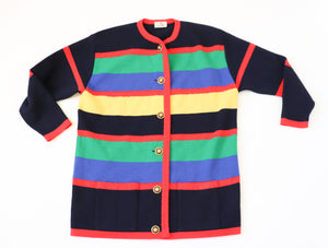 Long Vintage Cardigan - 1990s - Wool Blend - Colour Block Striped - L / UK 14